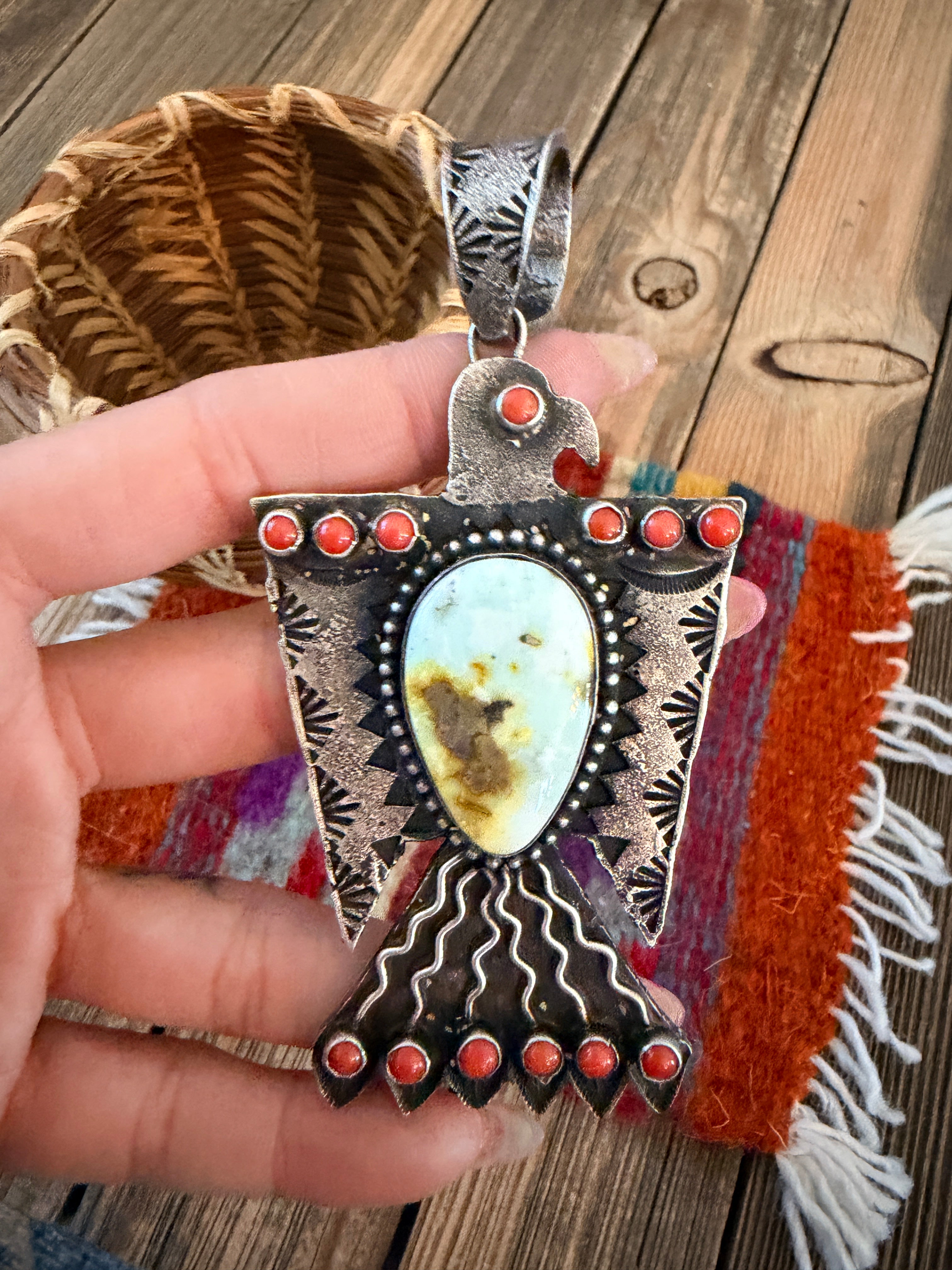 Handcrafted Sterling Silver, Turquoise & Coral Thunderbird Pendant by Shawn Cayatineto
