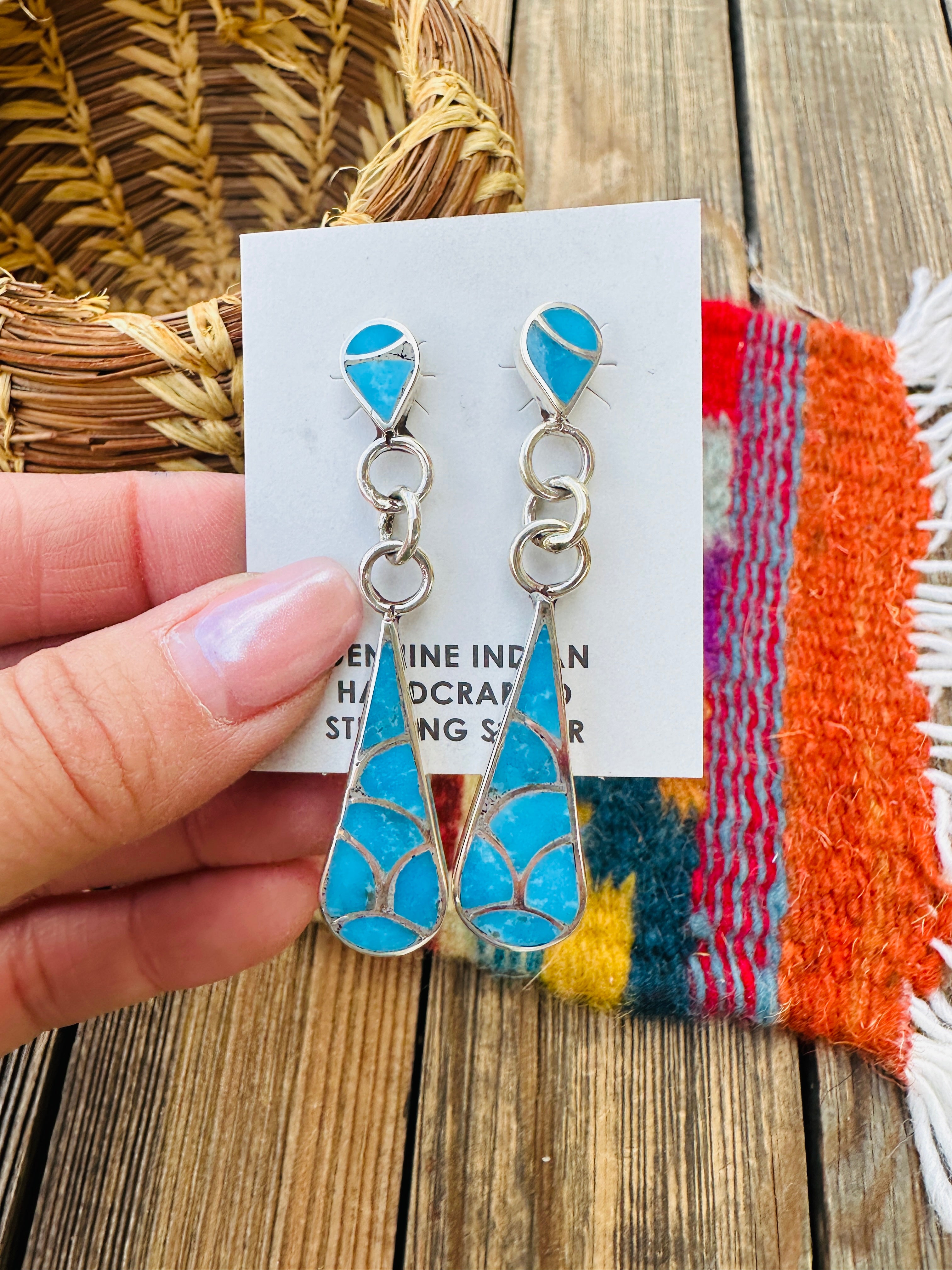 Handcrafted Turquoise & Sterling Silver Inlay Teardrop Dangle Earrings