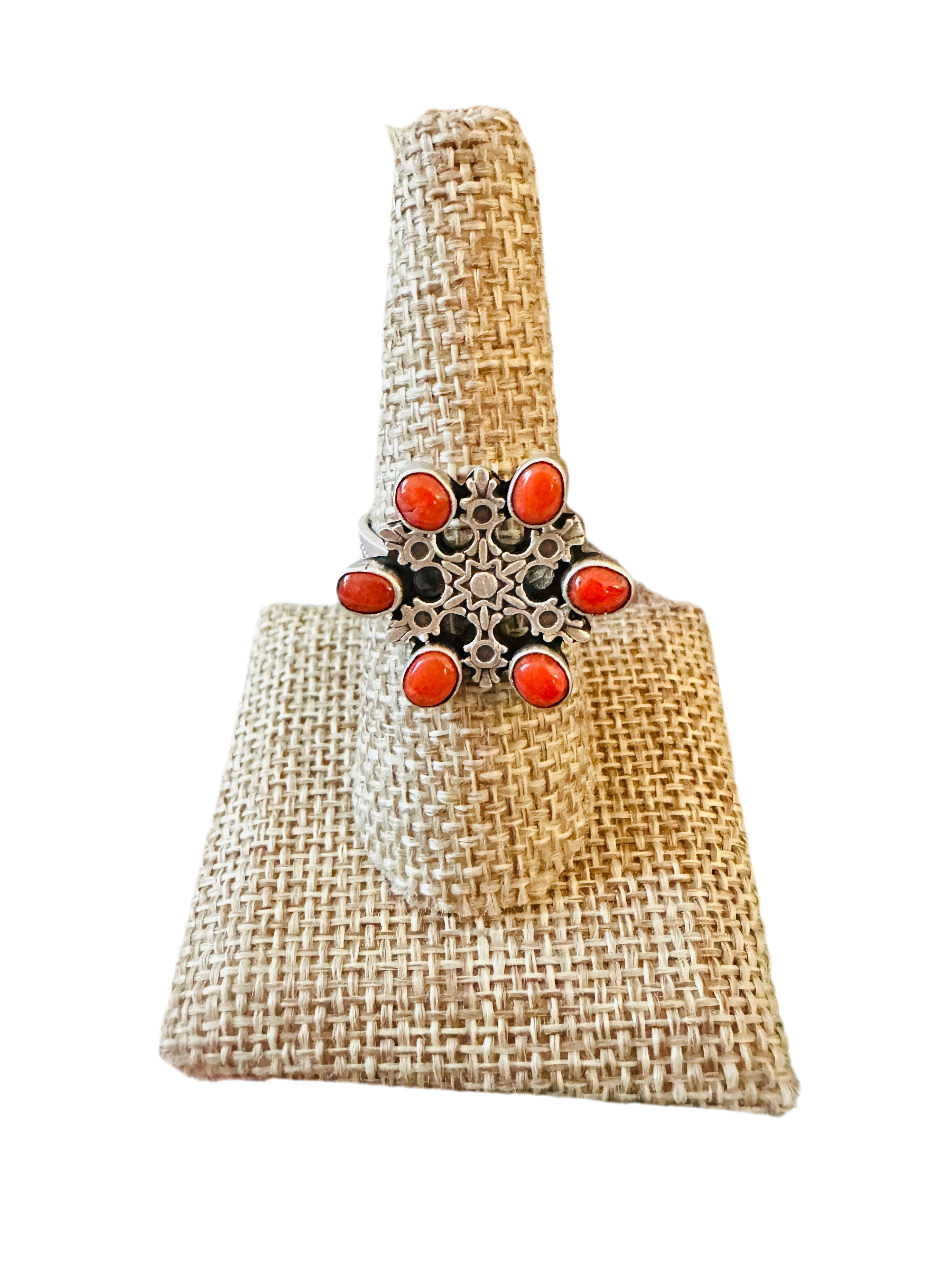 ** Christmas Collection ** Handmade Sterling Silver & Coral Adjustable Snowflake Ring Signed Nizhoni