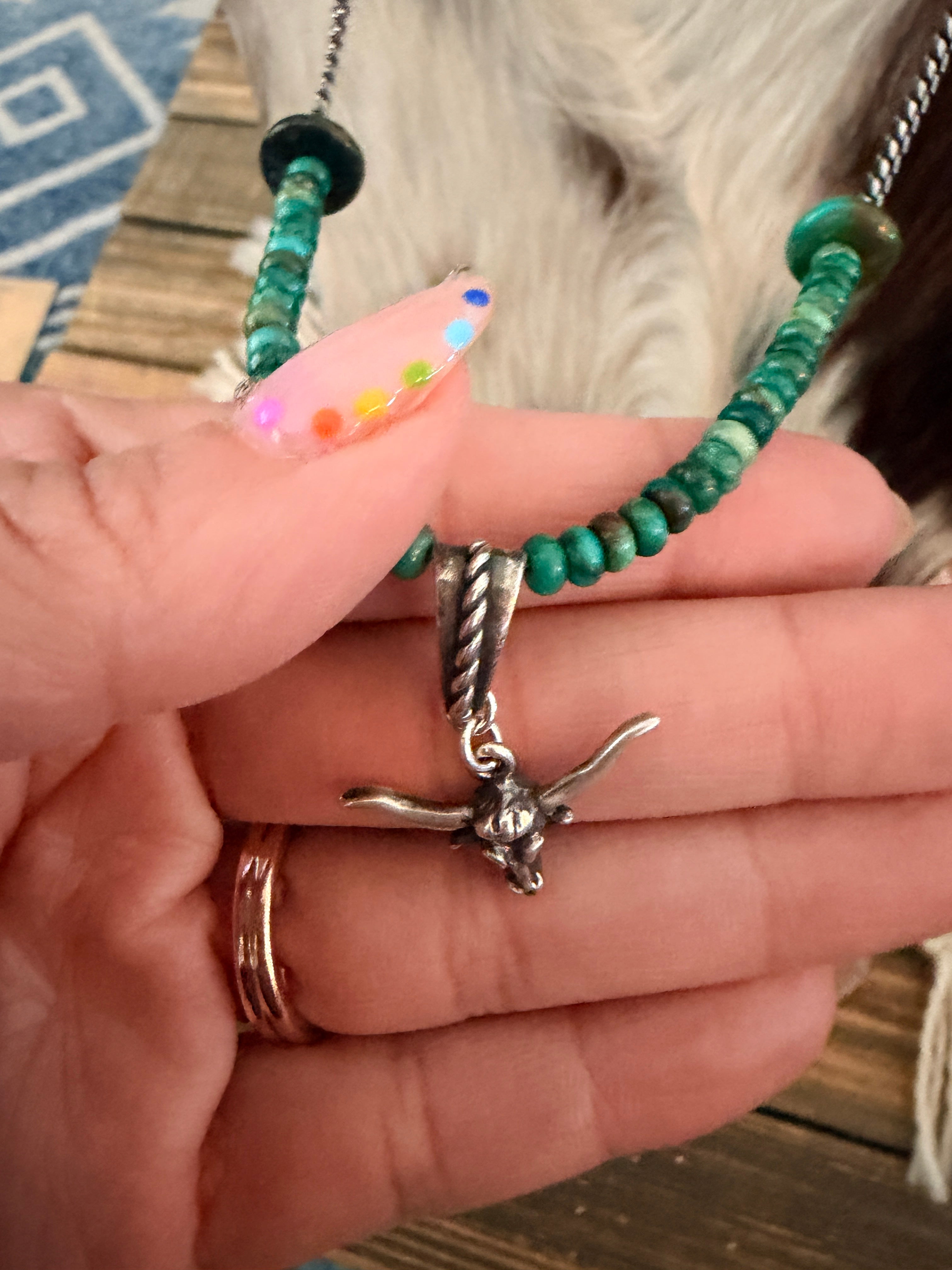 Handmade Sterling Silver & Turquoise Beaded Bullhead Necklace