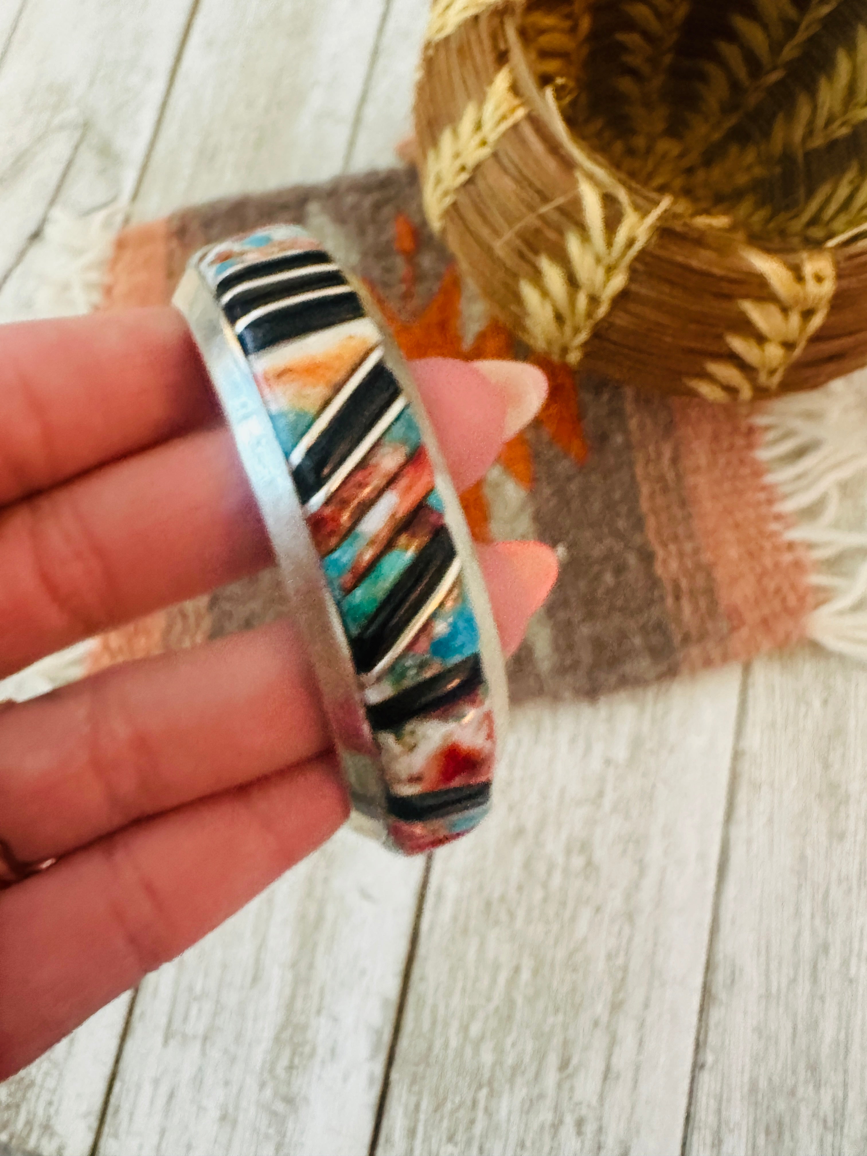 Handcrafted Multi Stone & Sterling Silver Inlay Cuff Bracelet