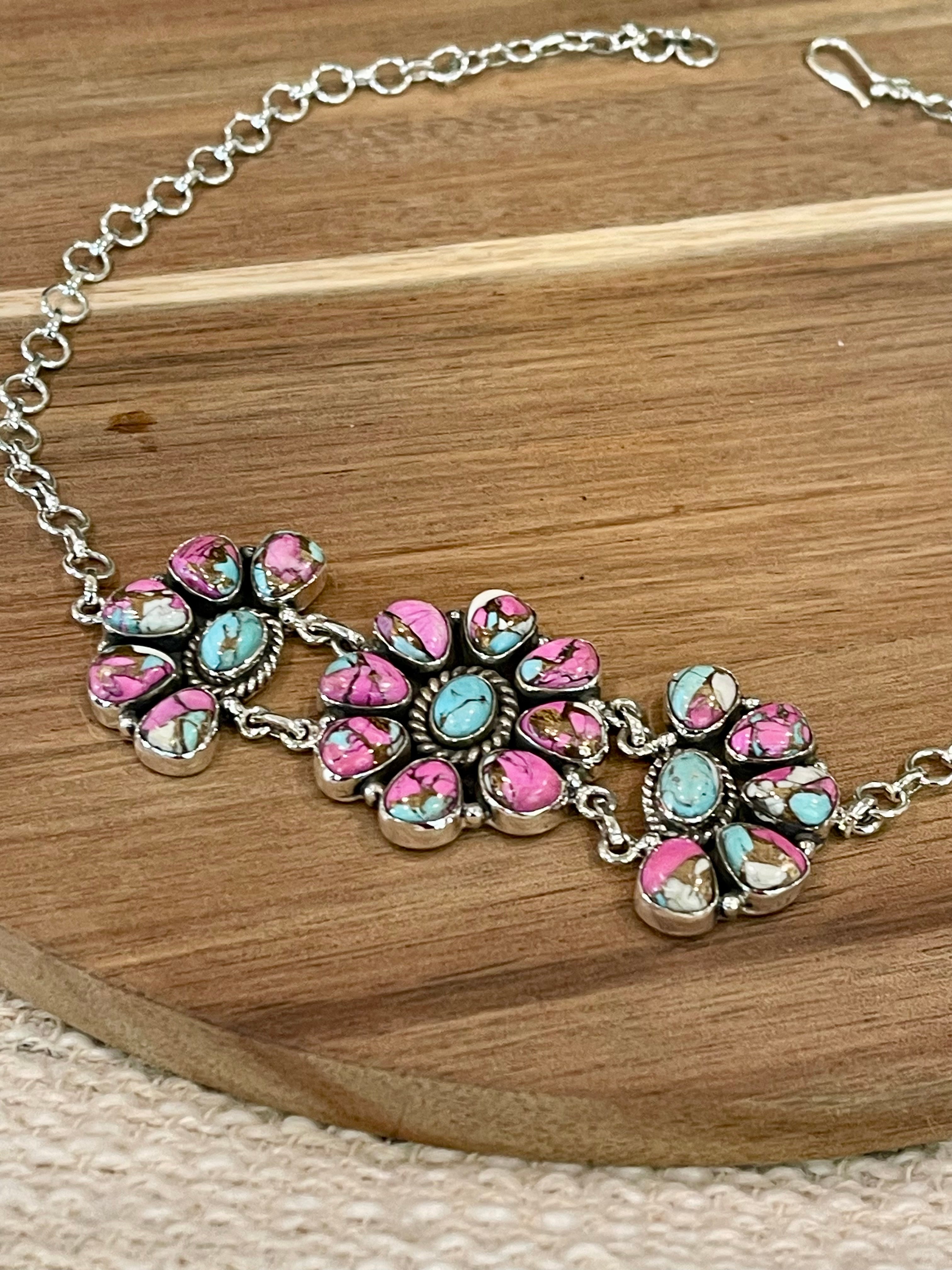 Handmade Sterling Silver Cotton Candy Turquoise Necklace with Signed Nizhoni