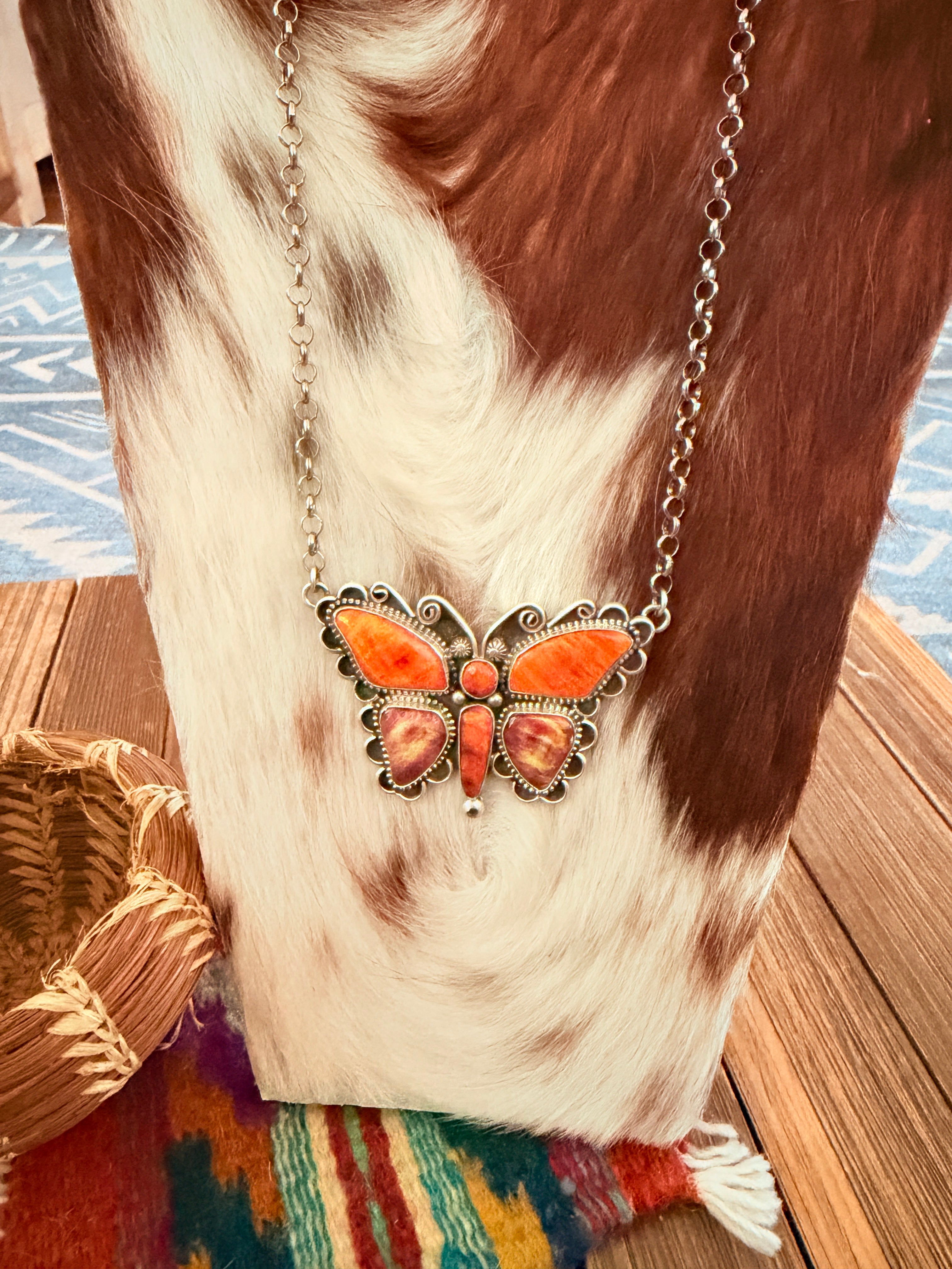 Handcrafted Spiny Oyster & Sterling Silver Butterfly Necklace by Charles Johnson