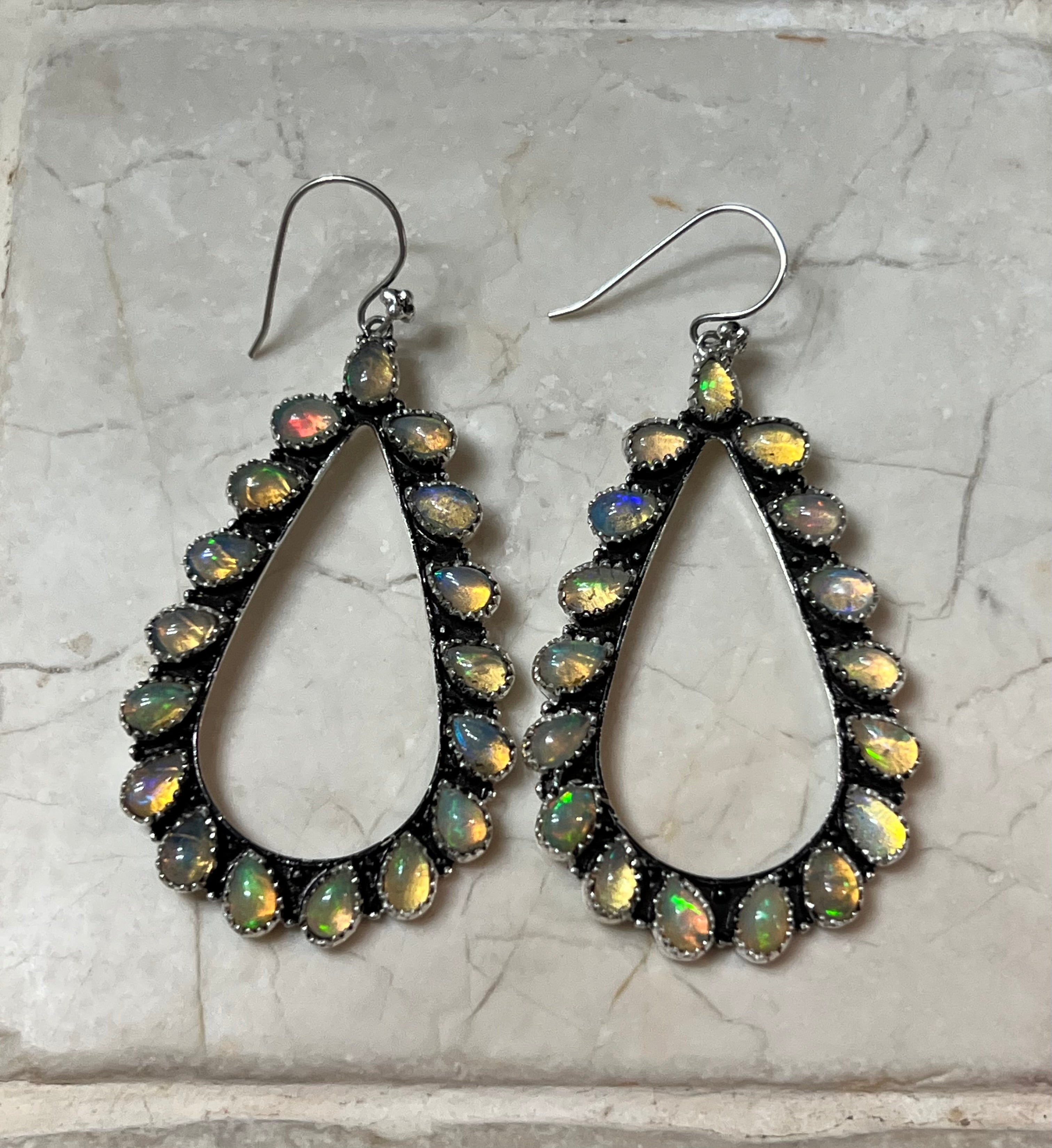 Handmade Sterling Silver & Fire White Opal Tear Drop Dangle Wire Hoop Earrings