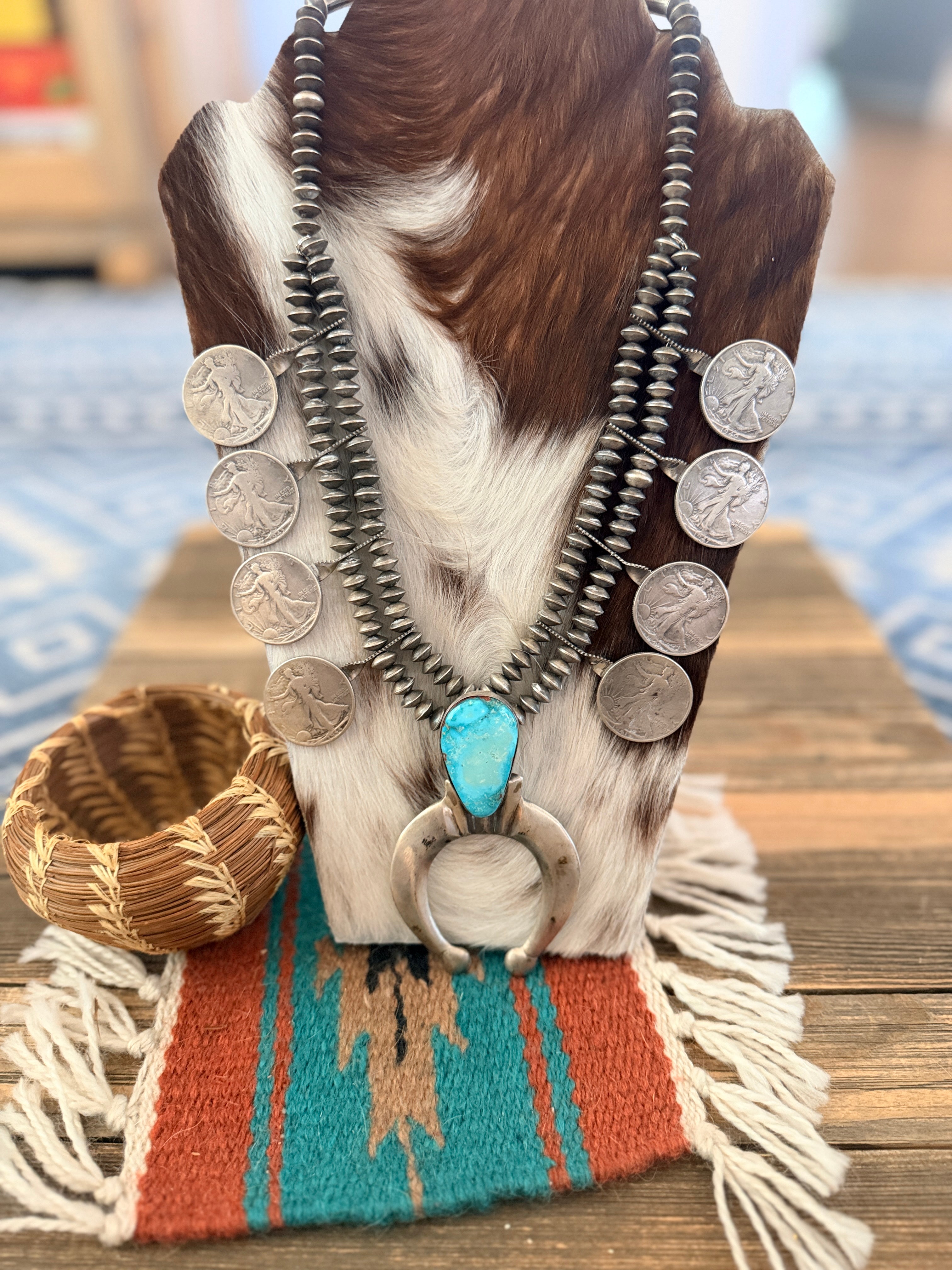 Old Pawn Handcrafted Turquoise & Sterling Silver Liberty Coin Squash Blossom Necklace