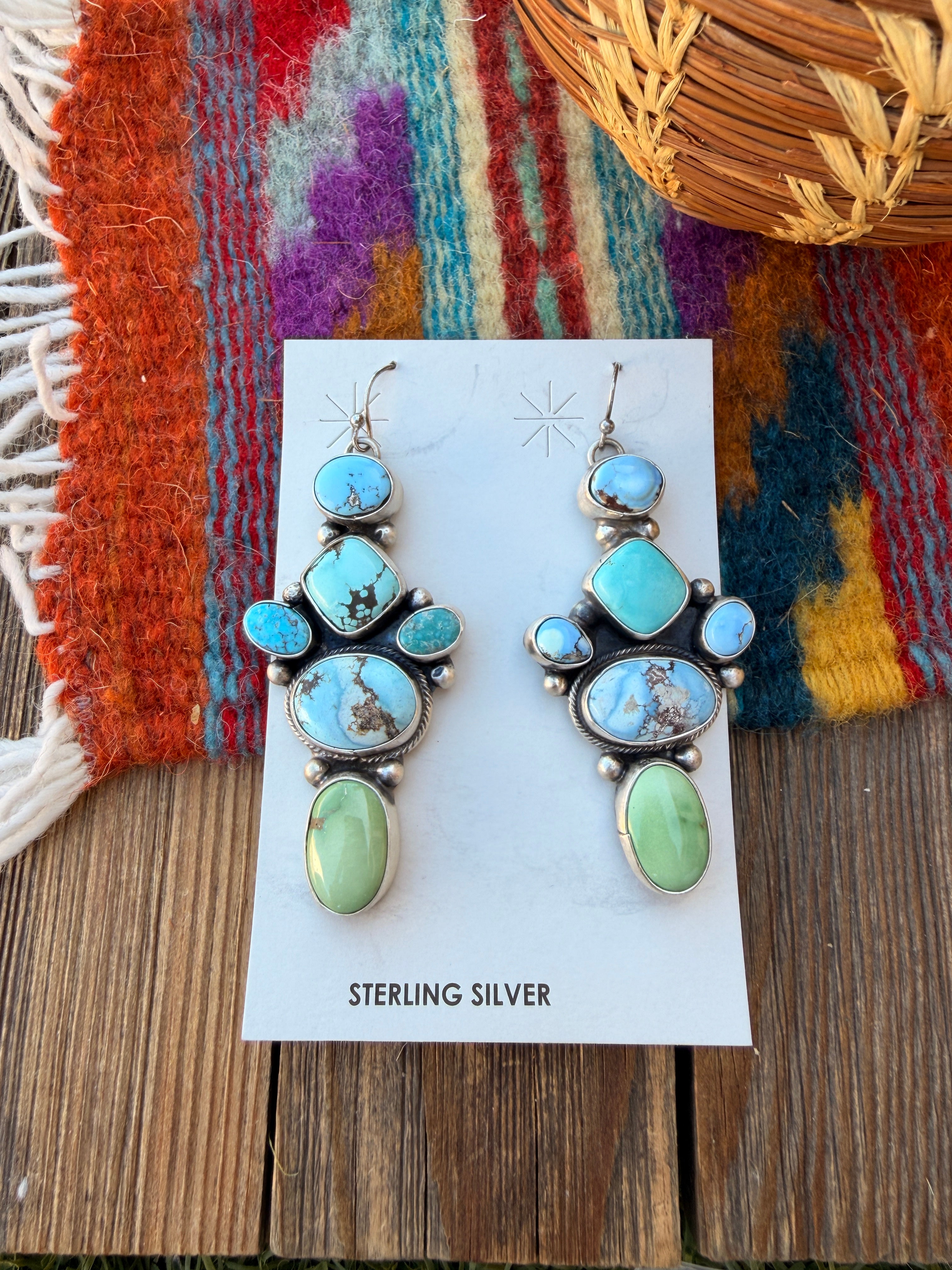 Handcrafted Multi Turquoise & Sterling Silver Cluster Dangle Earrings by Travis Jim