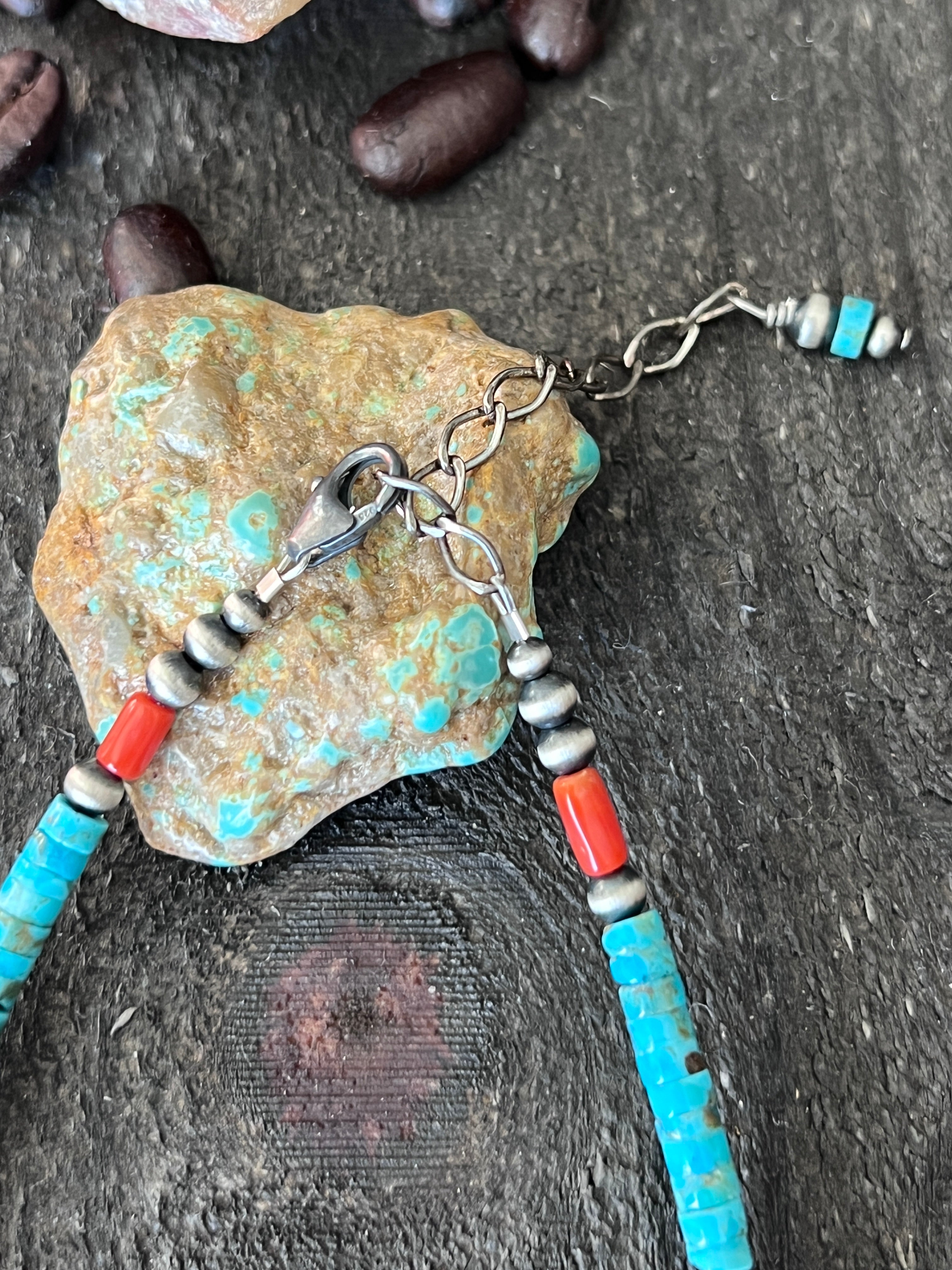 Bohemian Bliss Beaded Choker with Sterling Silver, Mediterranean Coral and Turquoise, 14” + 2”