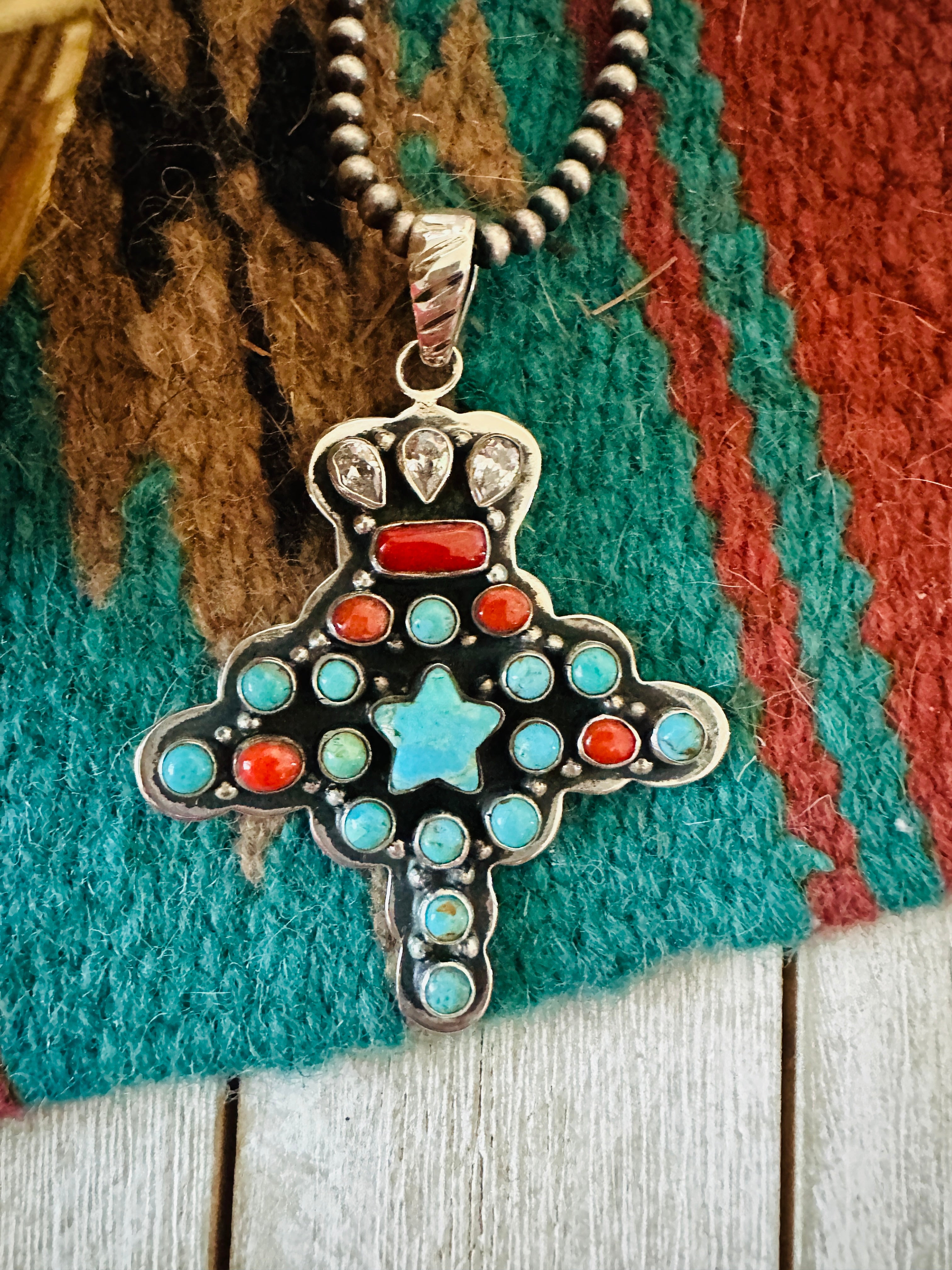 ** Christmas Collection ** Handmade Sterling Silver, Turquoise, Coral & CZ Pendant Signed Nizhoni
