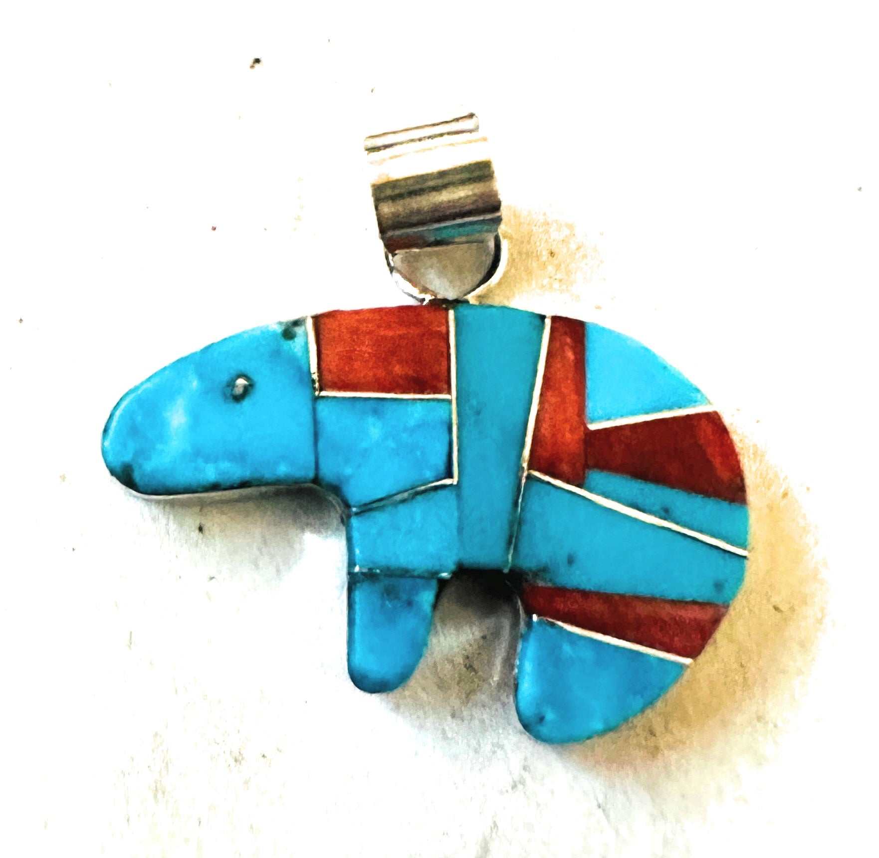 Handcrafted Turquoise, Spiny & Sterling Silver Inlay Fetish Bear Pendant