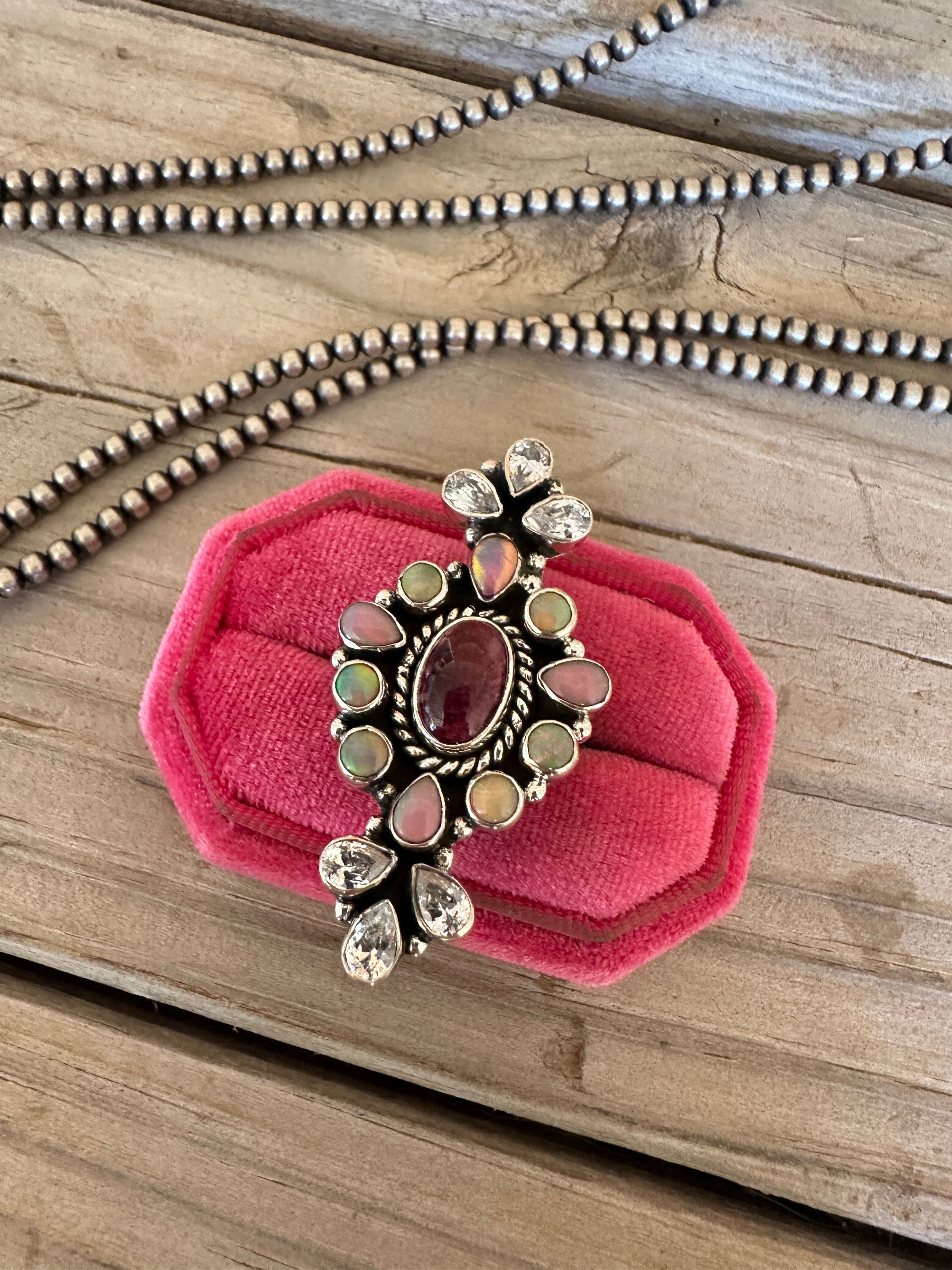 Handmade Purple Spiny, Opal, CZ And Sterling Silver Adjustable Cluster Ring