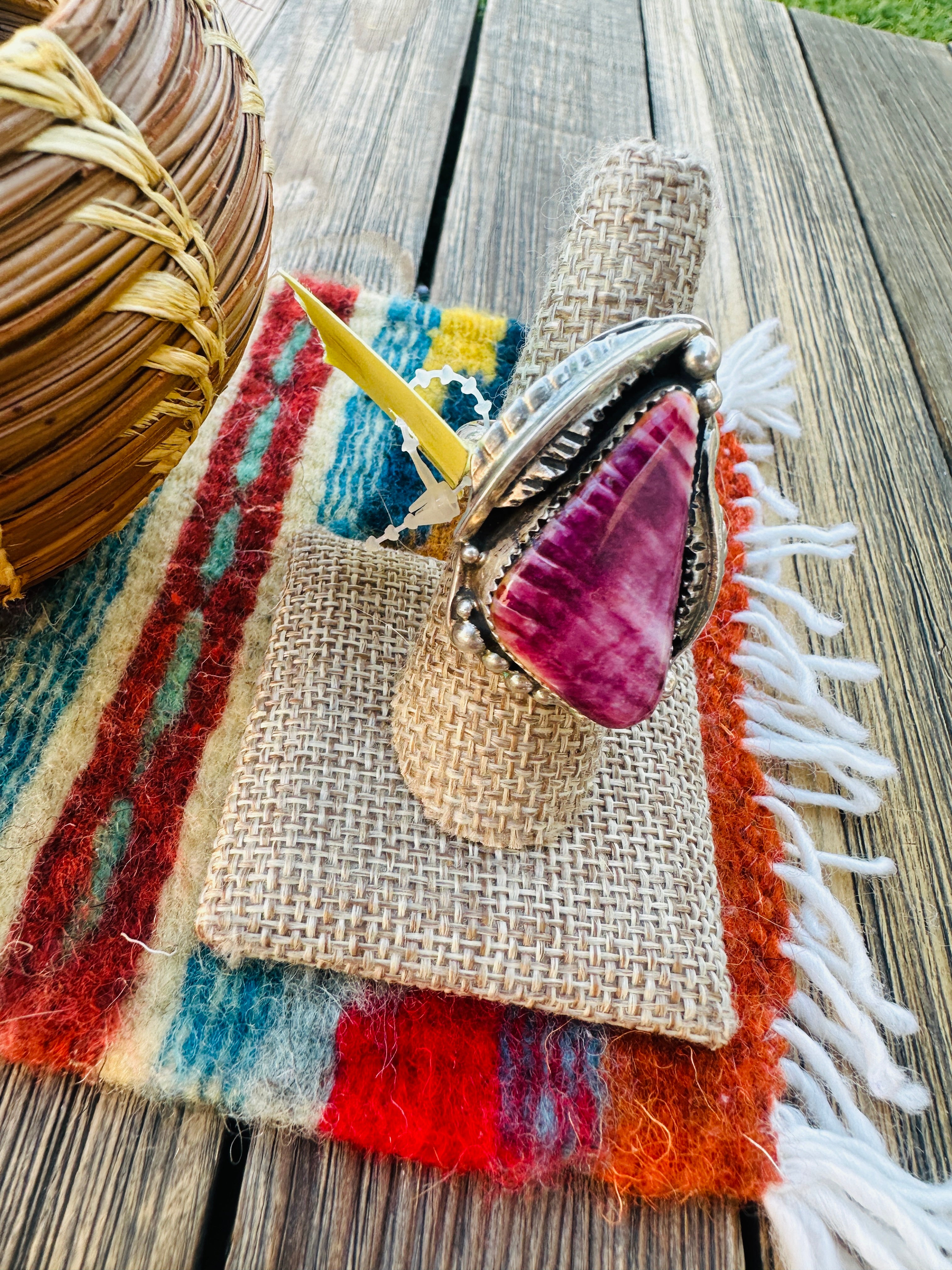 Old Pawn Handcrafted Purple Spiny & Sterling Silver Adjustable Ring