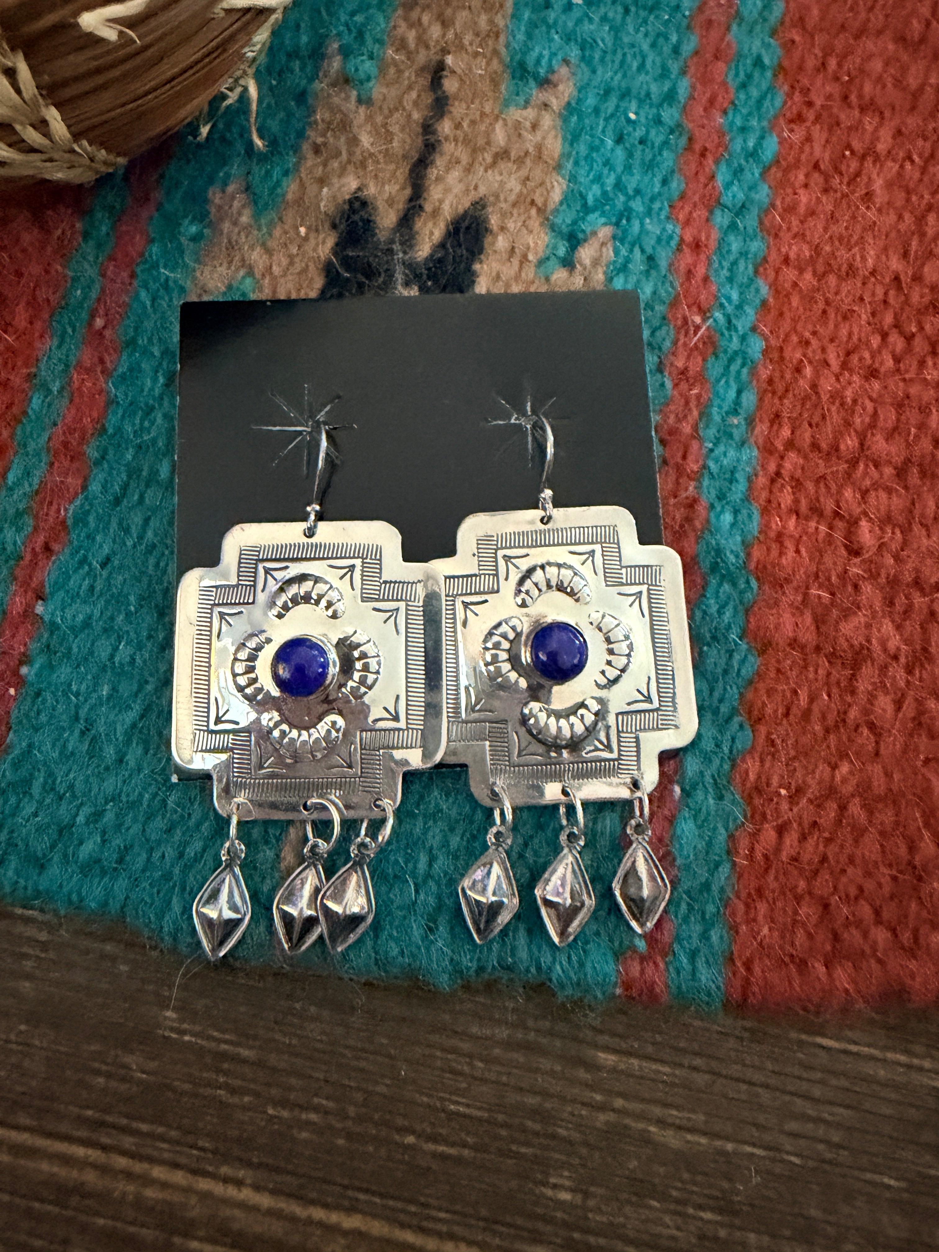 Handcrafted Lapis & Sterling Silver Cross Dangle Earrings