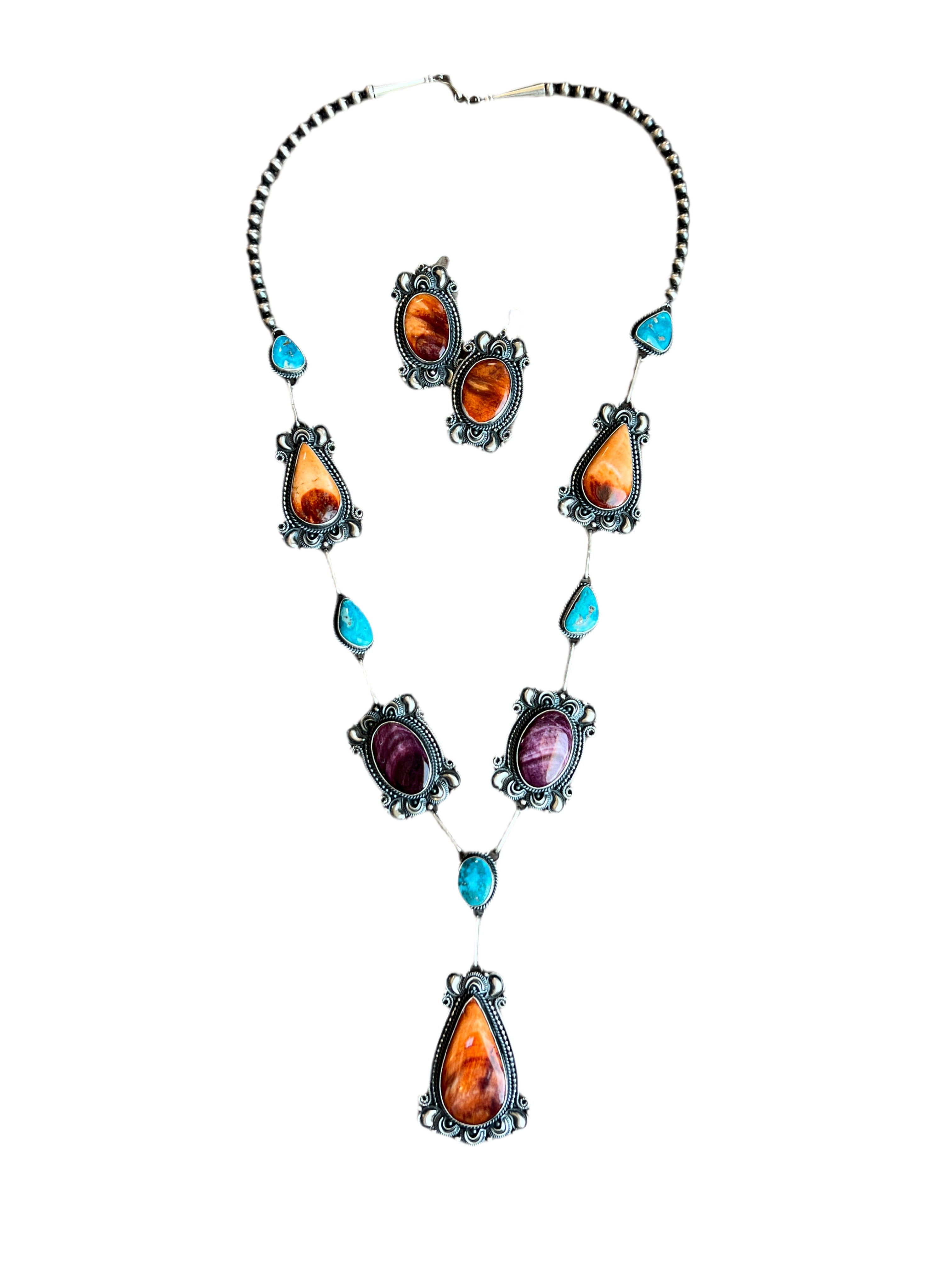 Handcrafted Sterling Silver, Spiny Oyster and Turquoise Link and Bead Necklace and Earrings Set by Derrick Gordon