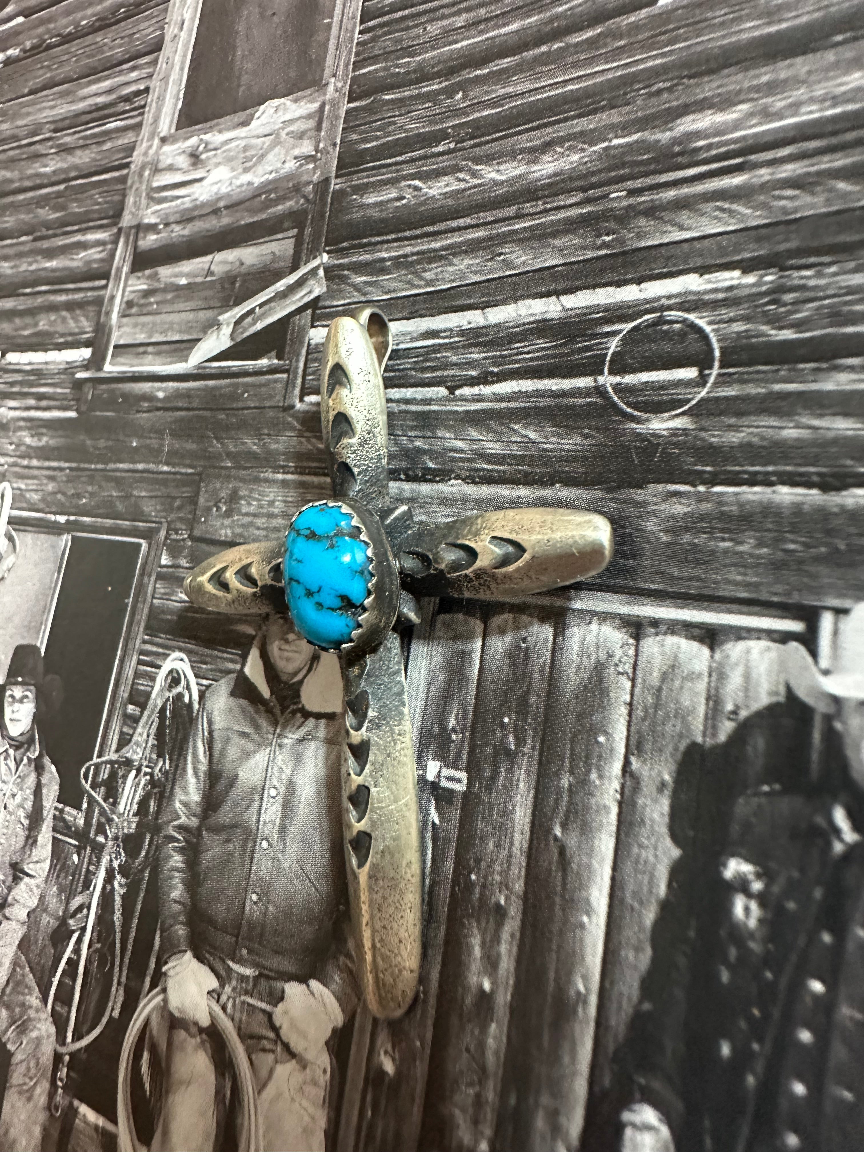 Beautiful Handcrafted Turquoise & Sterling Silver Cross Pendant Signed