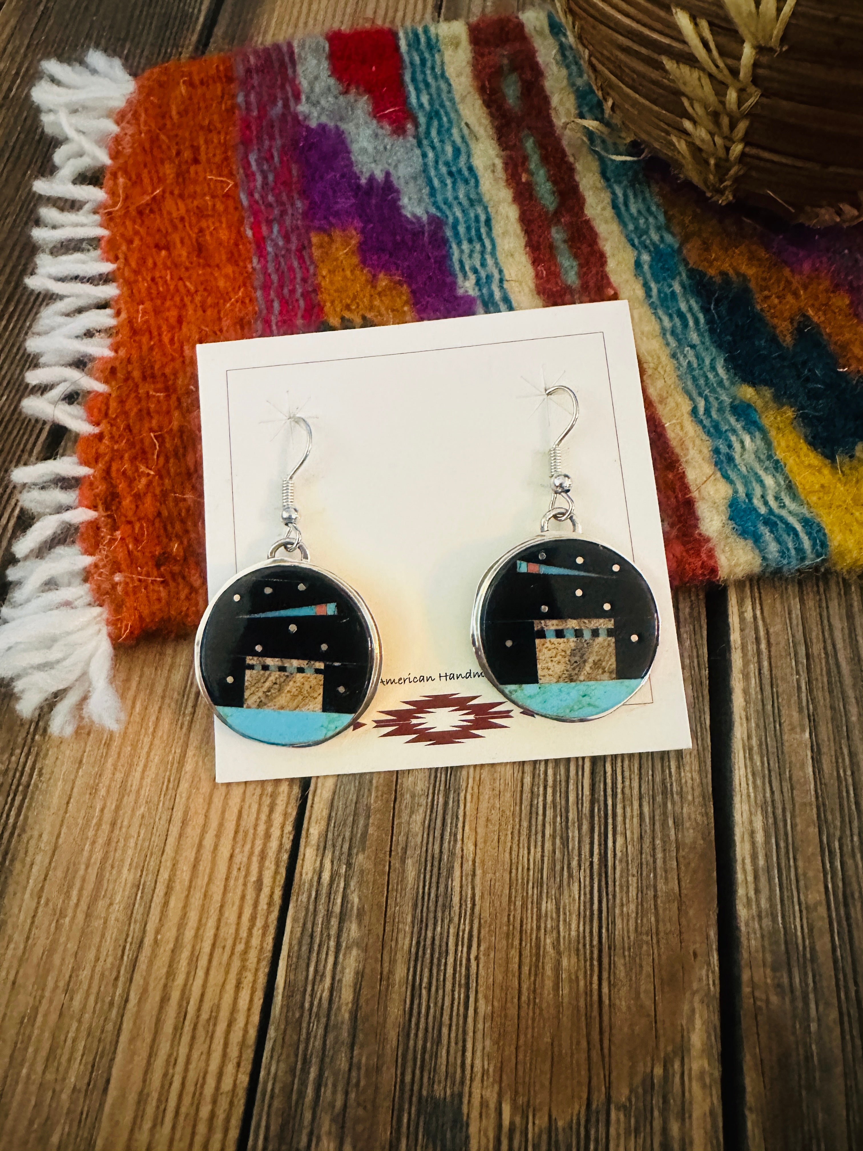 Handcrafted Sterling Silver & Multi Stone Pueblo Inlay Dangle Earrings