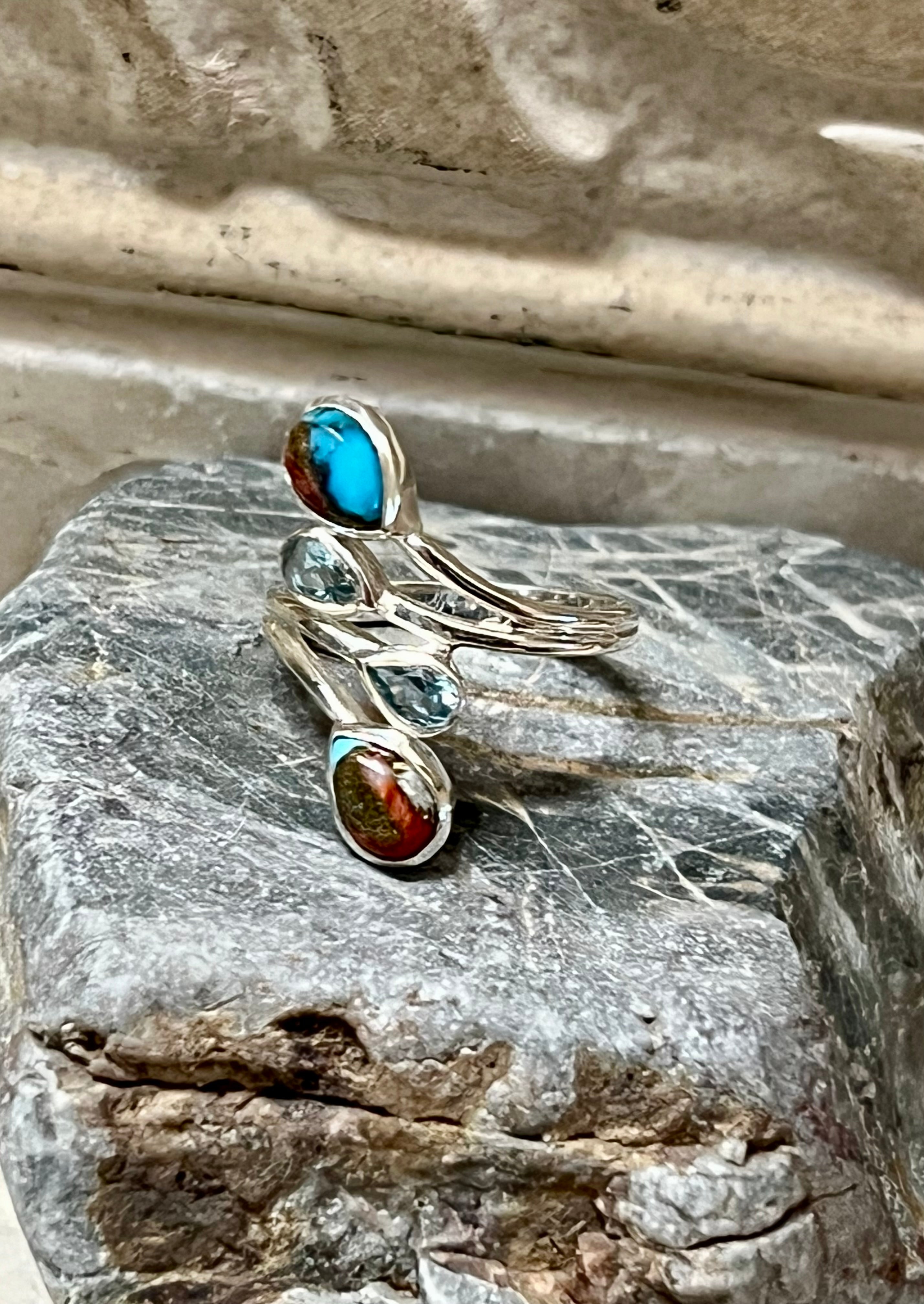 Turquoise, Blue Topaz and Spiny Oyster Sterling Silver Ring Size 7