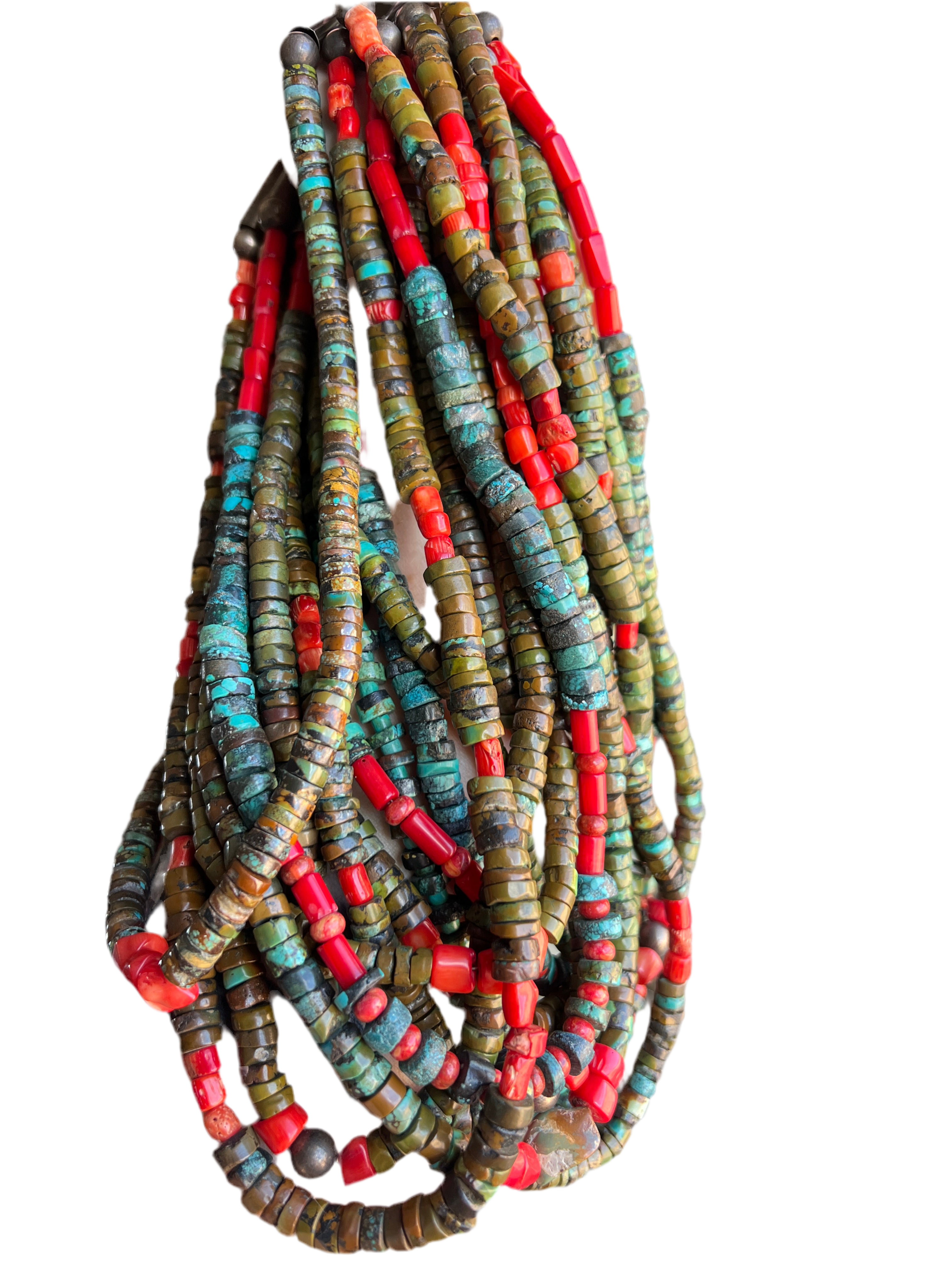 Handcrafted Hubei Turquoise Beaded Necklace with Sterling Silver and Bamboo Coral by Kirby Smith: 13 To Choose From!