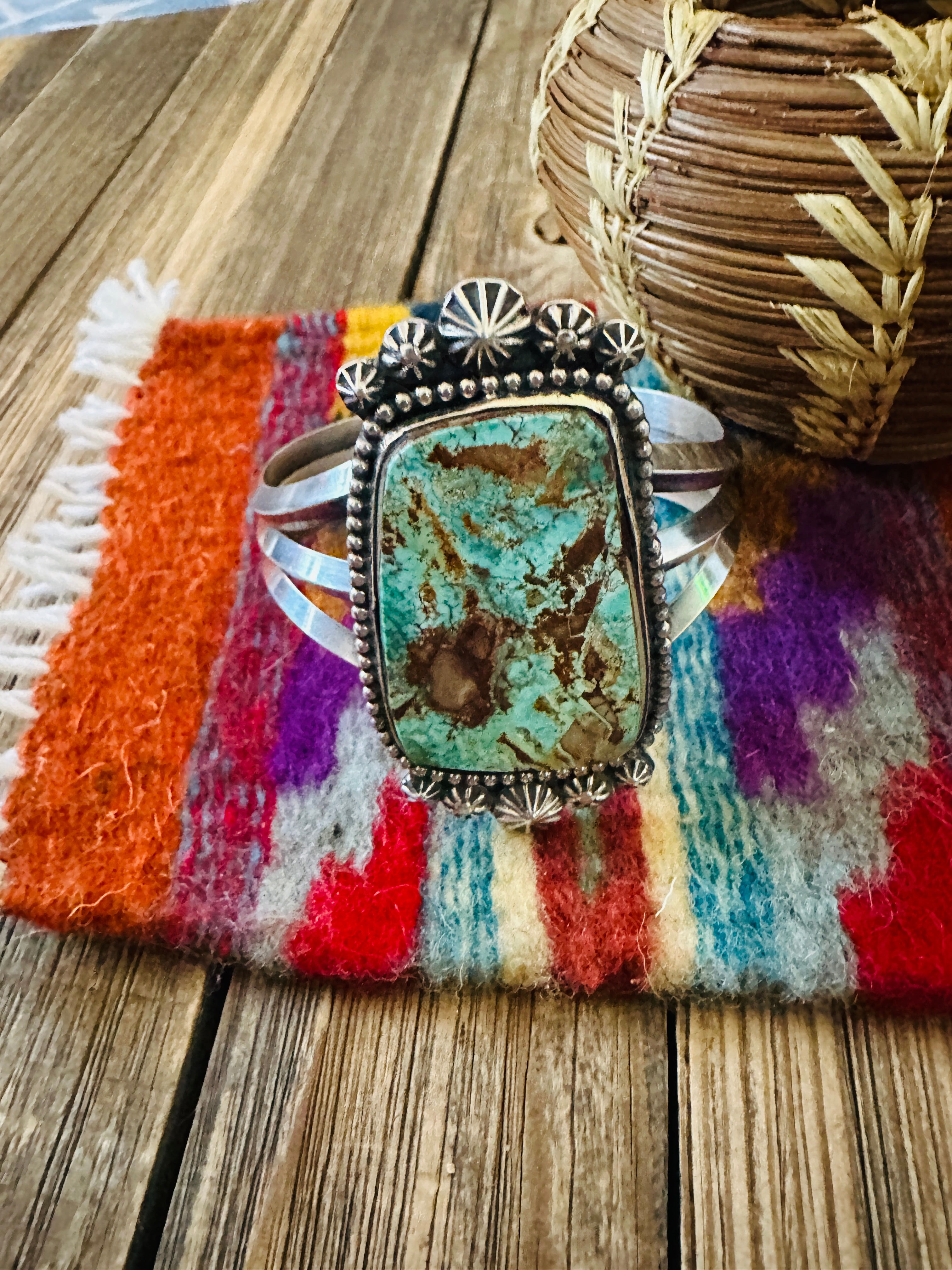 Handcrafted Pilot Mountain Turquoise & Sterling Silver Cuff Bracelet by Rosella Paxson