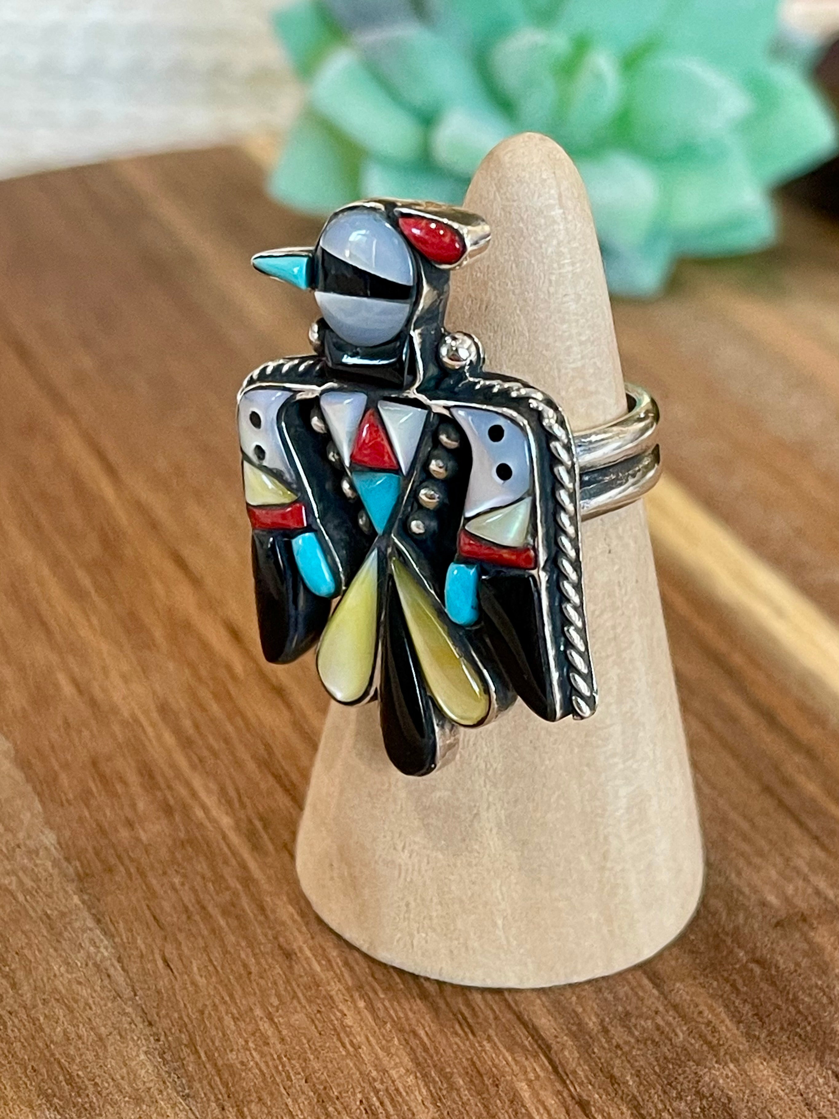 Handmade Multi Stone And Sterling Silver Thunderbird Adjustable Ring