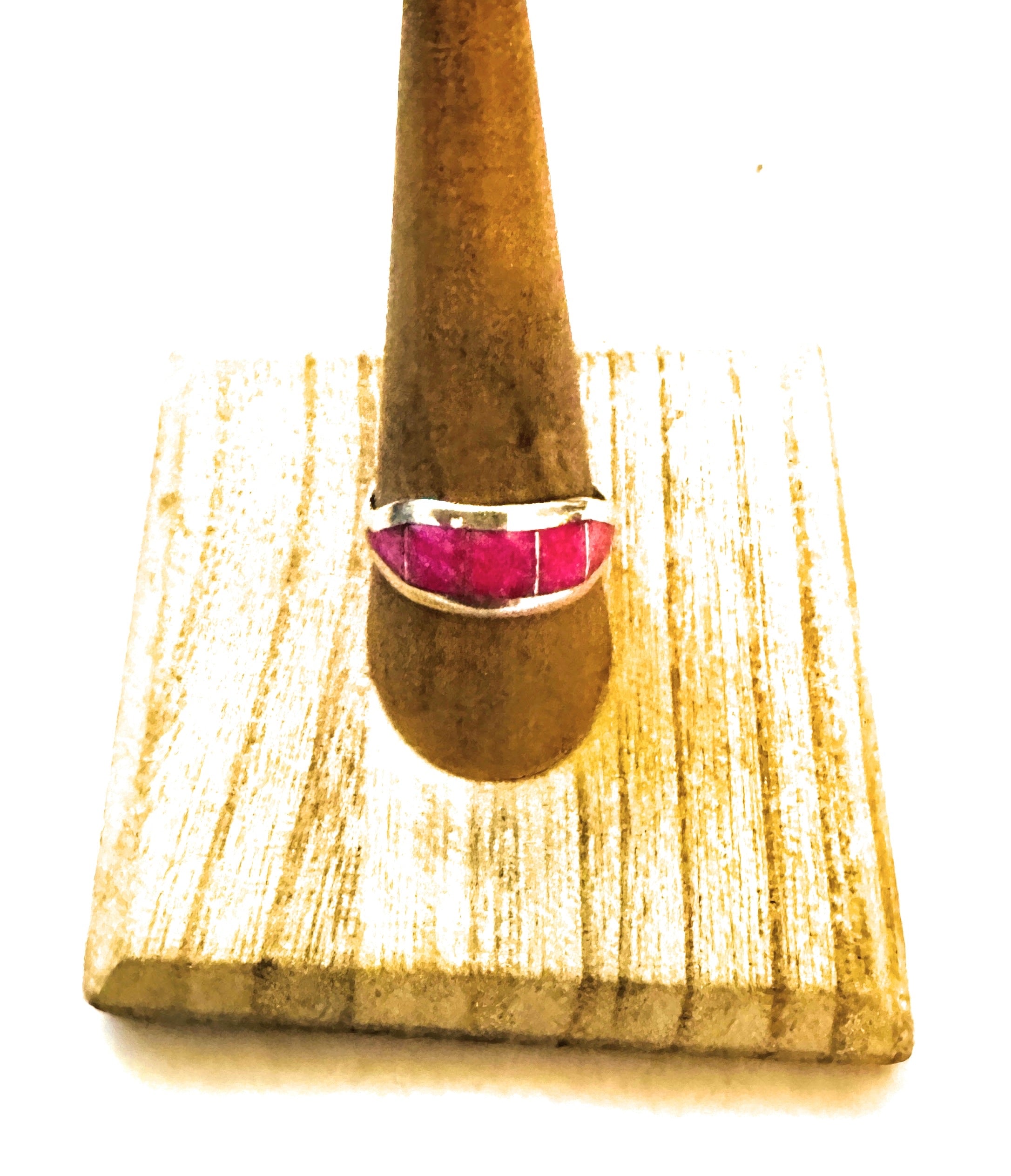 Handcrafted Pink Opal & Sterling Silver Inlay Band Ring Signed