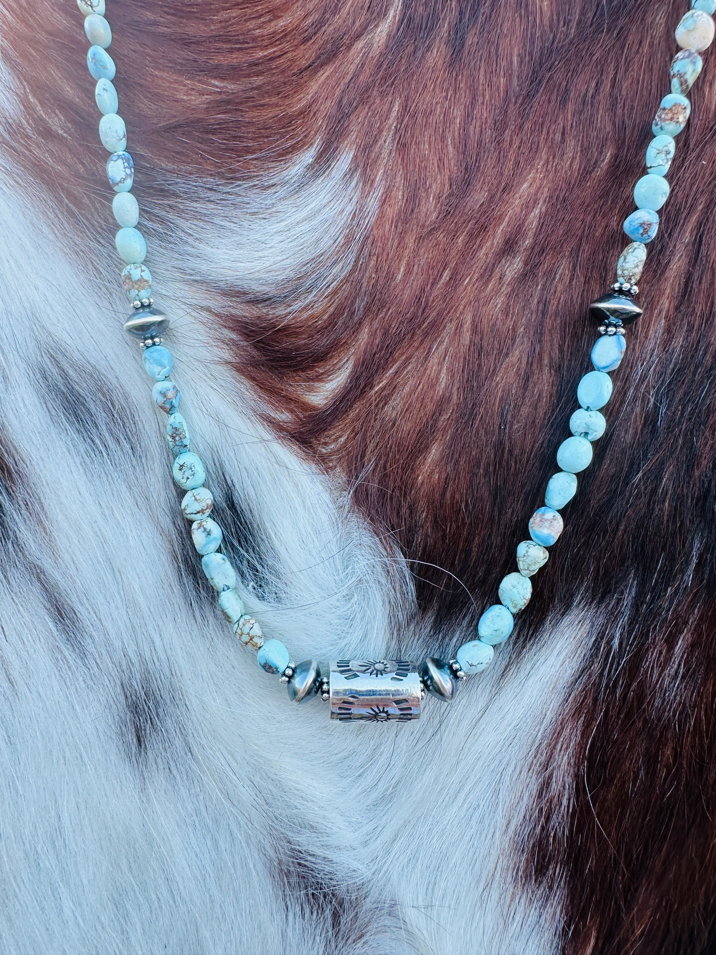 Handcrafted Golden Hills Turquoise & Sterling Silver 16” Beaded Necklace