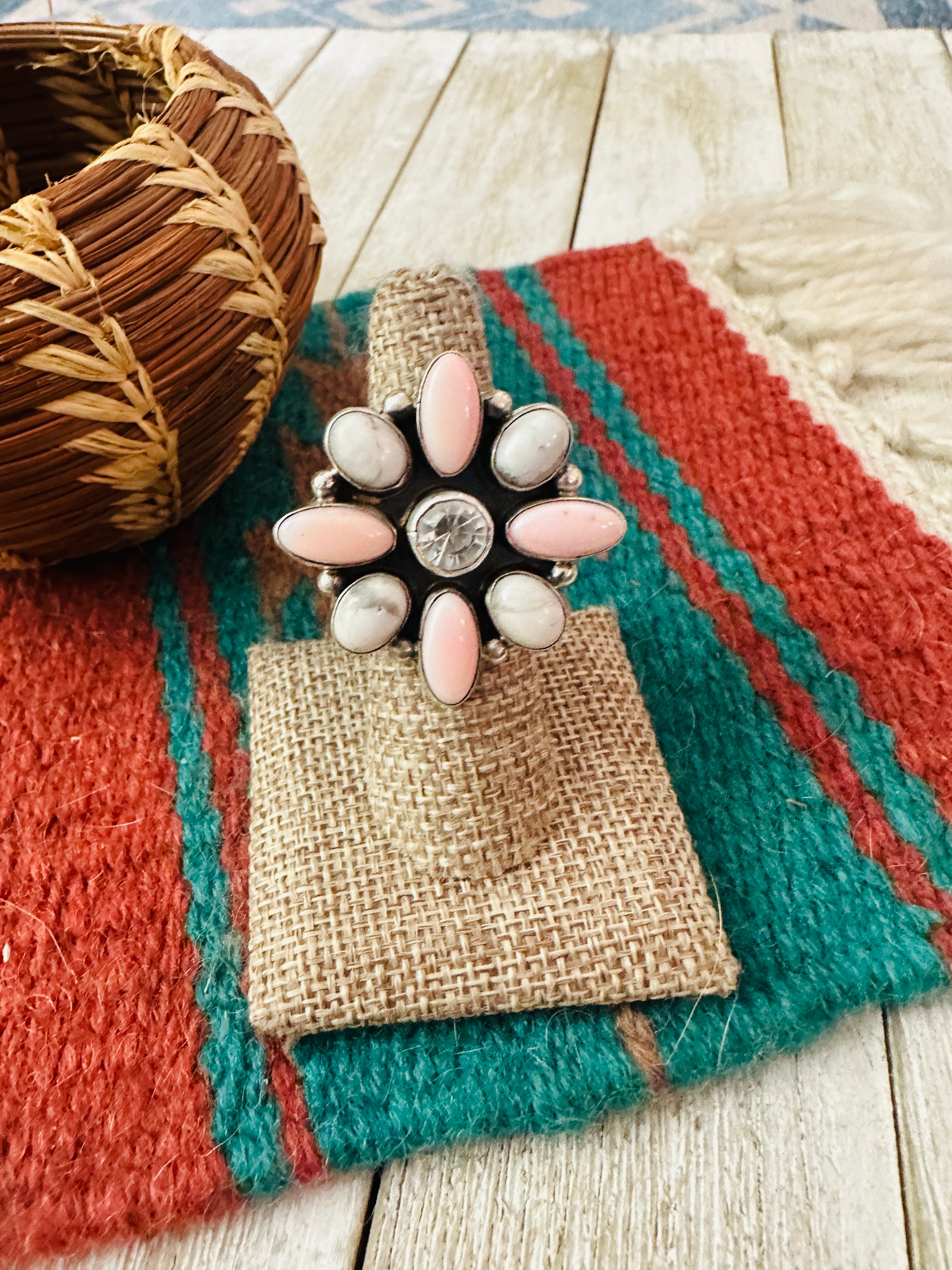Handcrafted Queen Pink Conch, White Buffalo, CZ & Sterling Silver Adjustable Ring by Jacqueline Silver