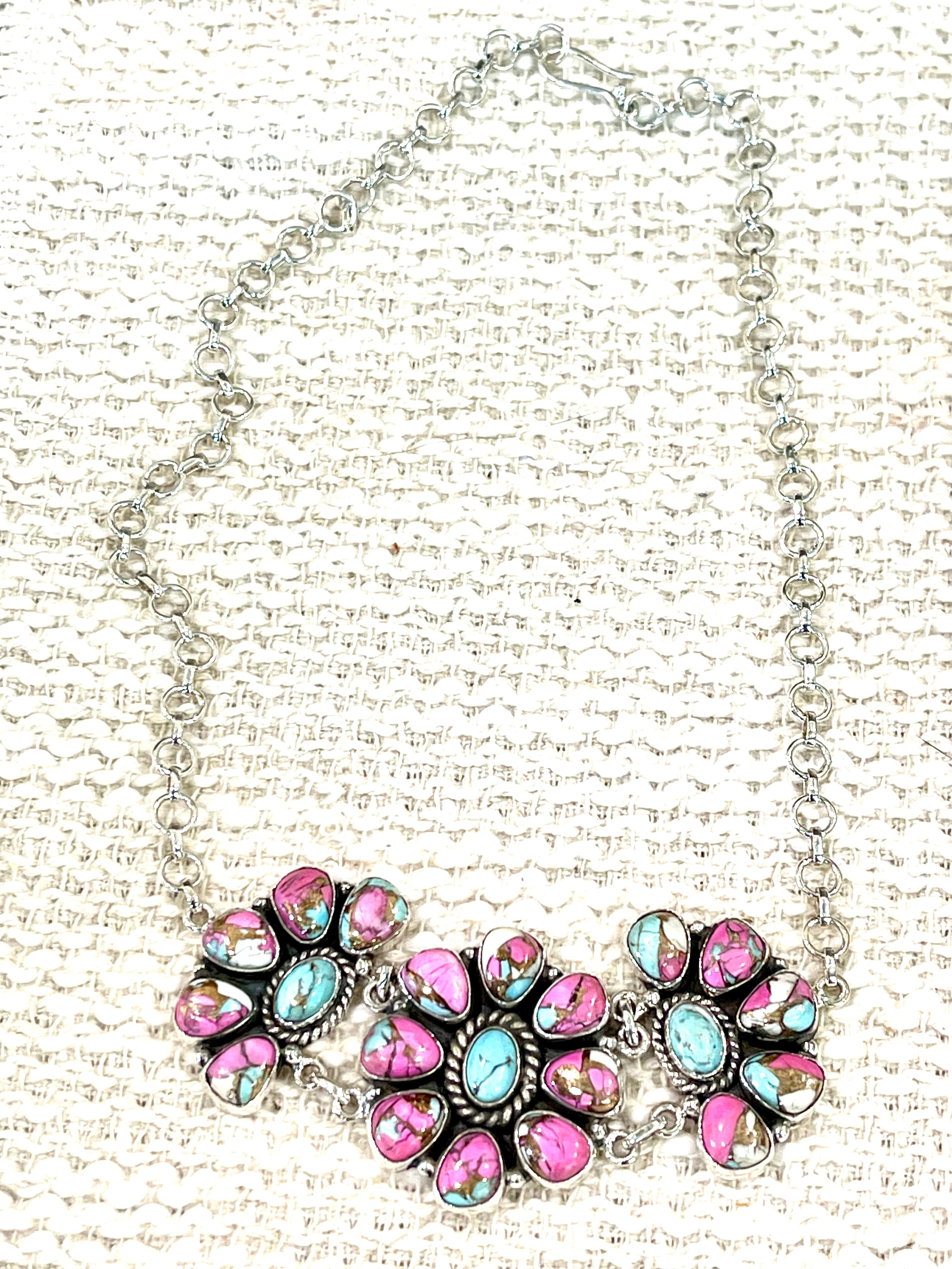 Handmade Sterling Silver Cotton Candy Turquoise Necklace with Signed Nizhoni