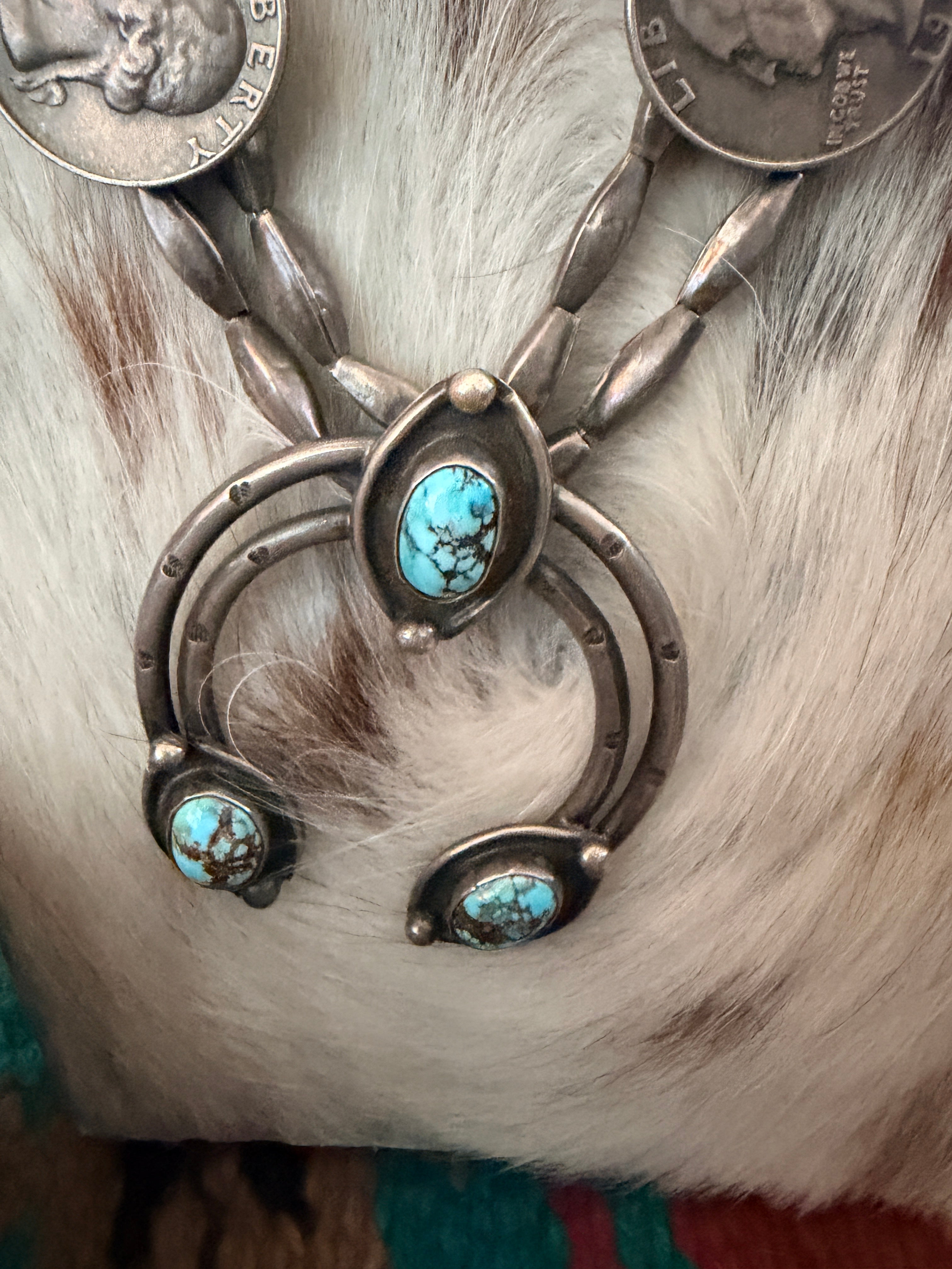 Old Pawn Handcrafted Turquoise & Sterling Silver Liberty Coin Squash Blossom Necklace