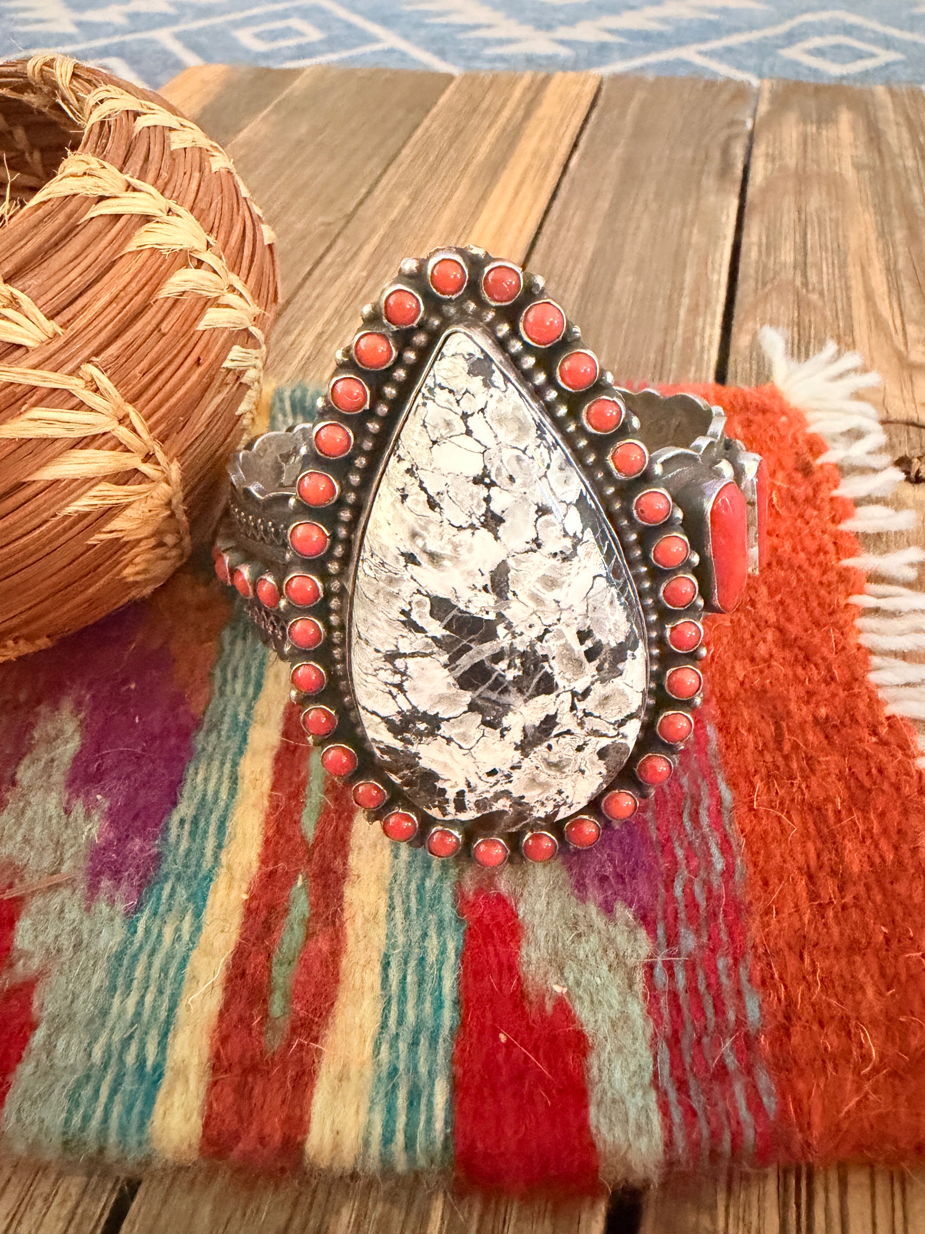 Handcrafted Sterling Silver, White Buffalo & Coral Cuff Bracelet by Shawn Cayatineto