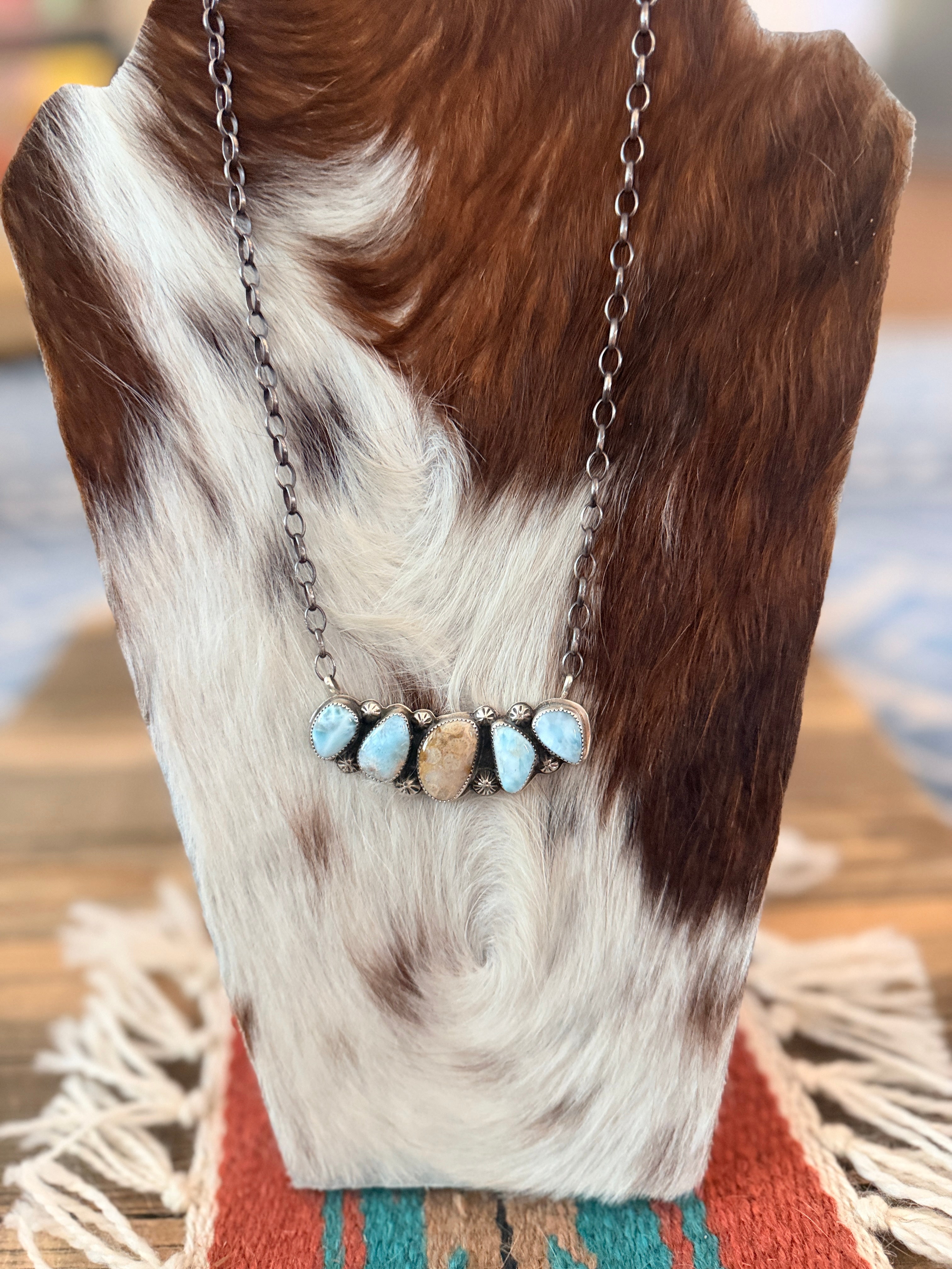 Handmade Sterling Silver, Larimar & Fossilized Coral Necklace Necklace