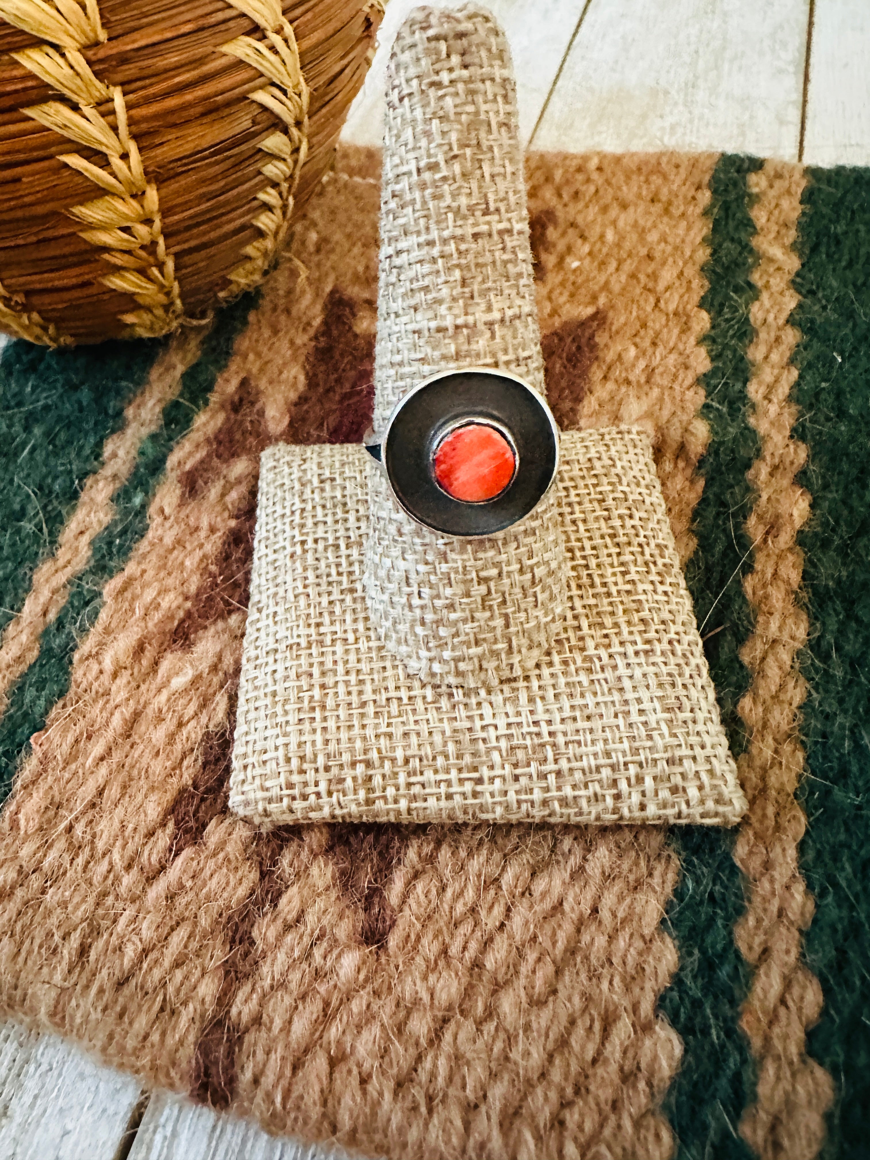 Handcrafted Old Pawn Sterling Silver & Red Spiny Ring Size 9.25