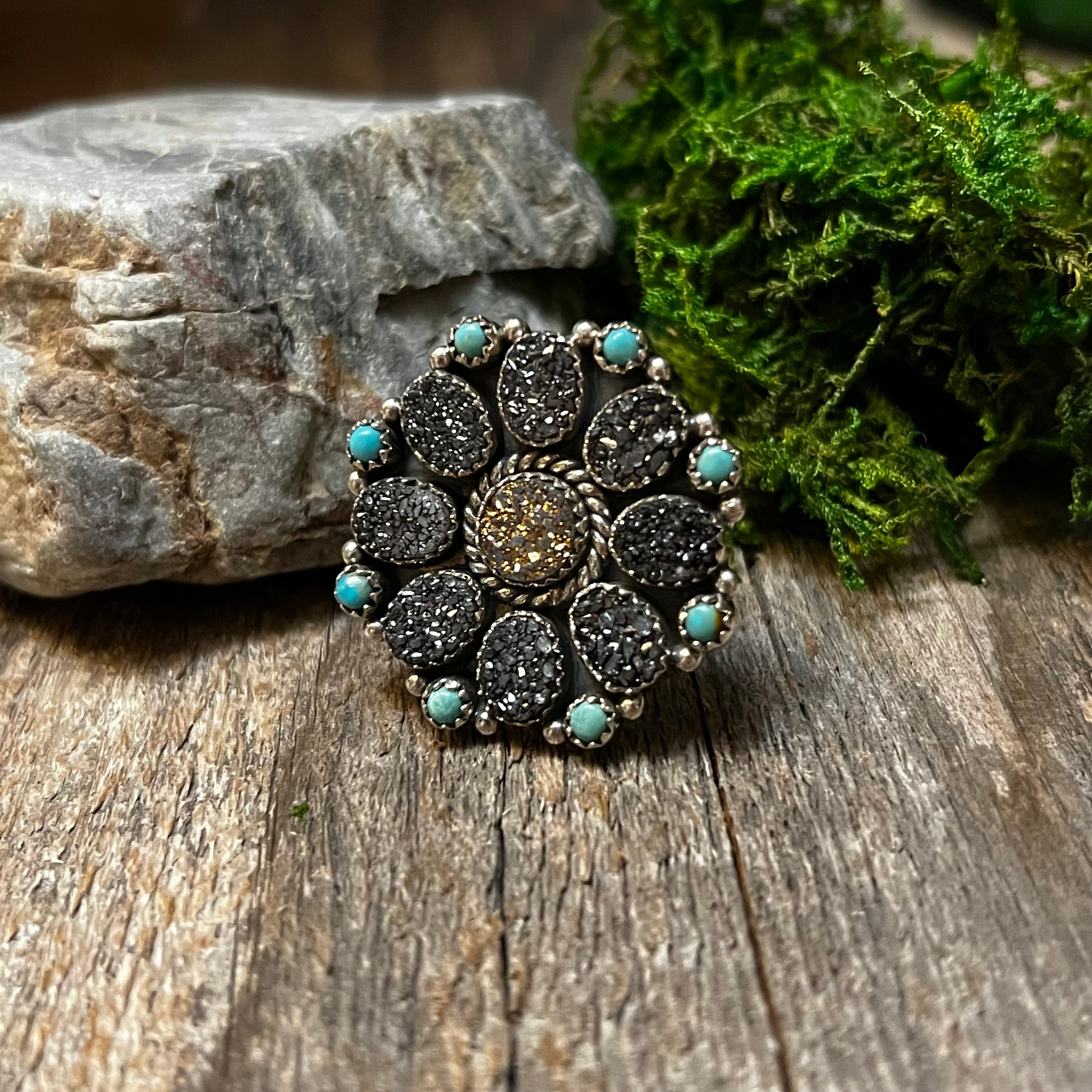 Handmade Sterling Silver Turquoise, Black & Gold Druzy Cluster Ring
