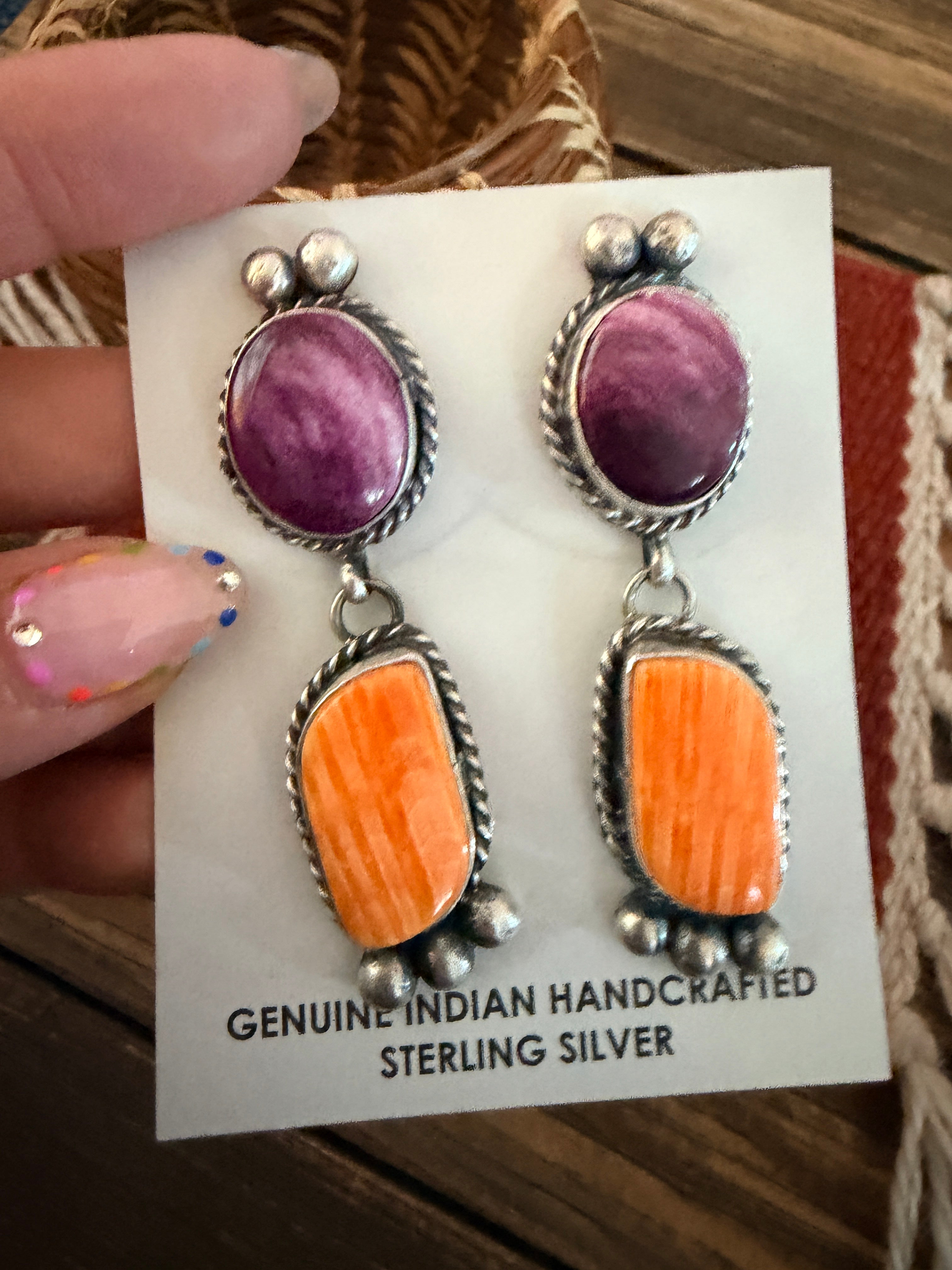Handcrafted Spiny Oyster & Sterling Silver Dangle Earrings by Vicky Hicks
