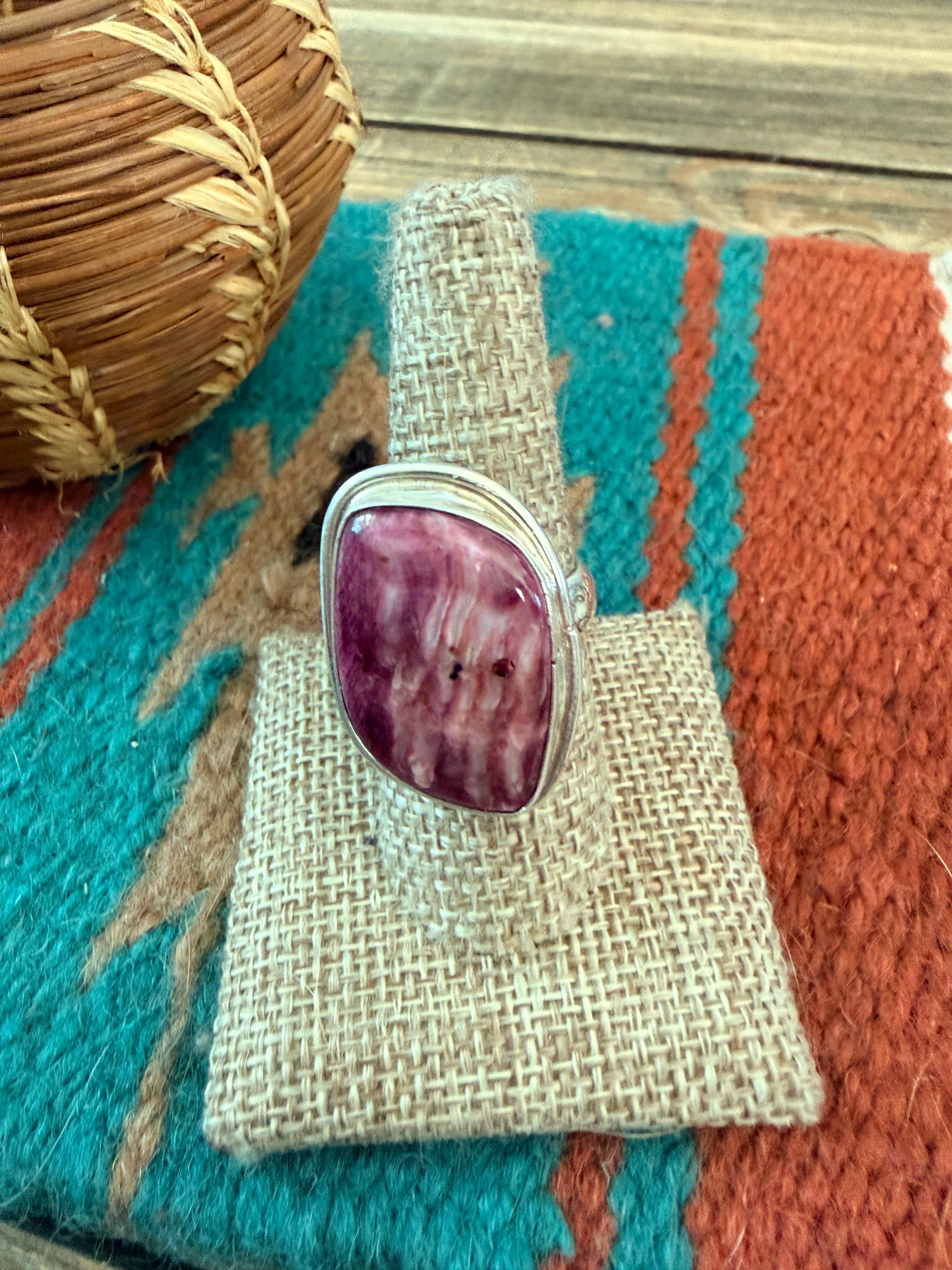 Handmade Sterling Silver & Purple Spiny Adjustable Ring