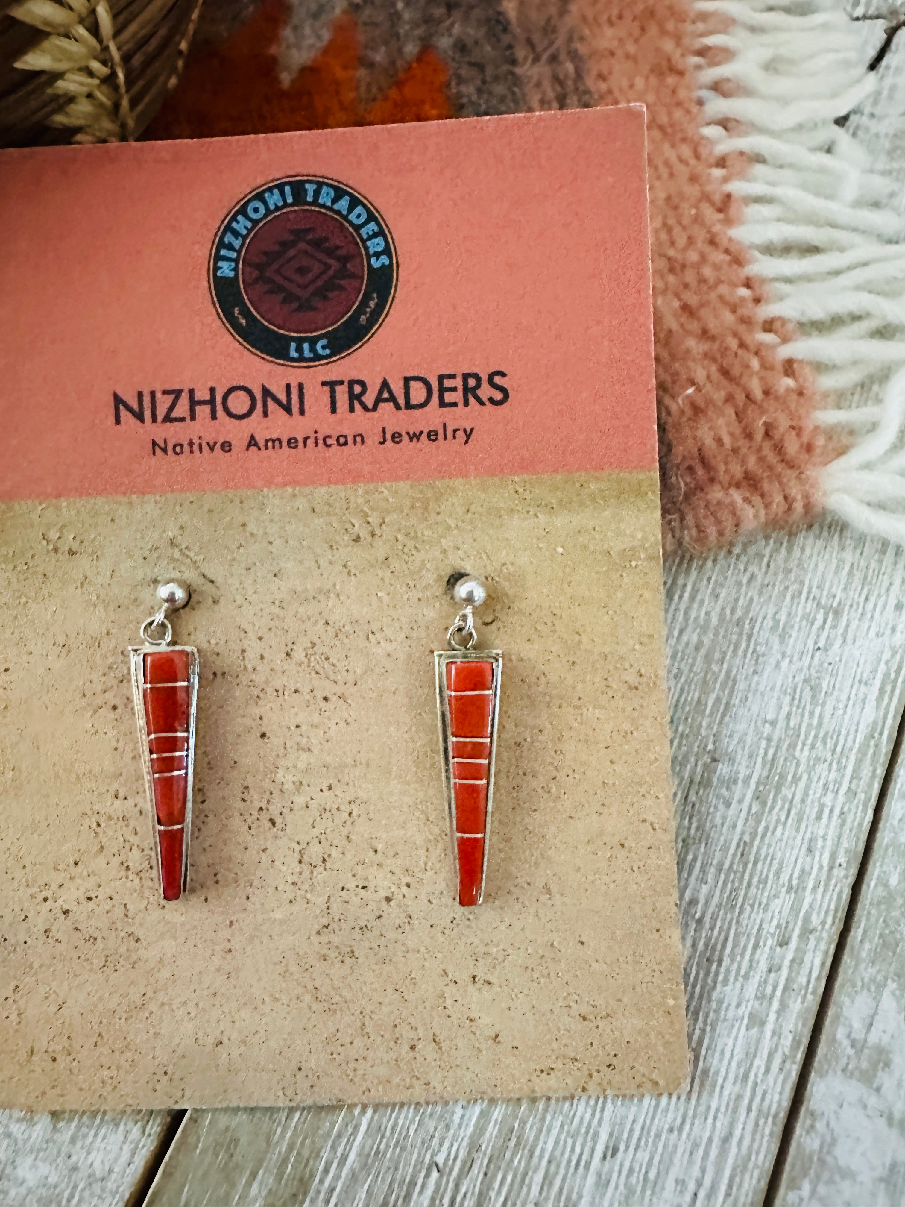 Handcrafted Sterling Silver & Coral Inlay Dangle Earrings