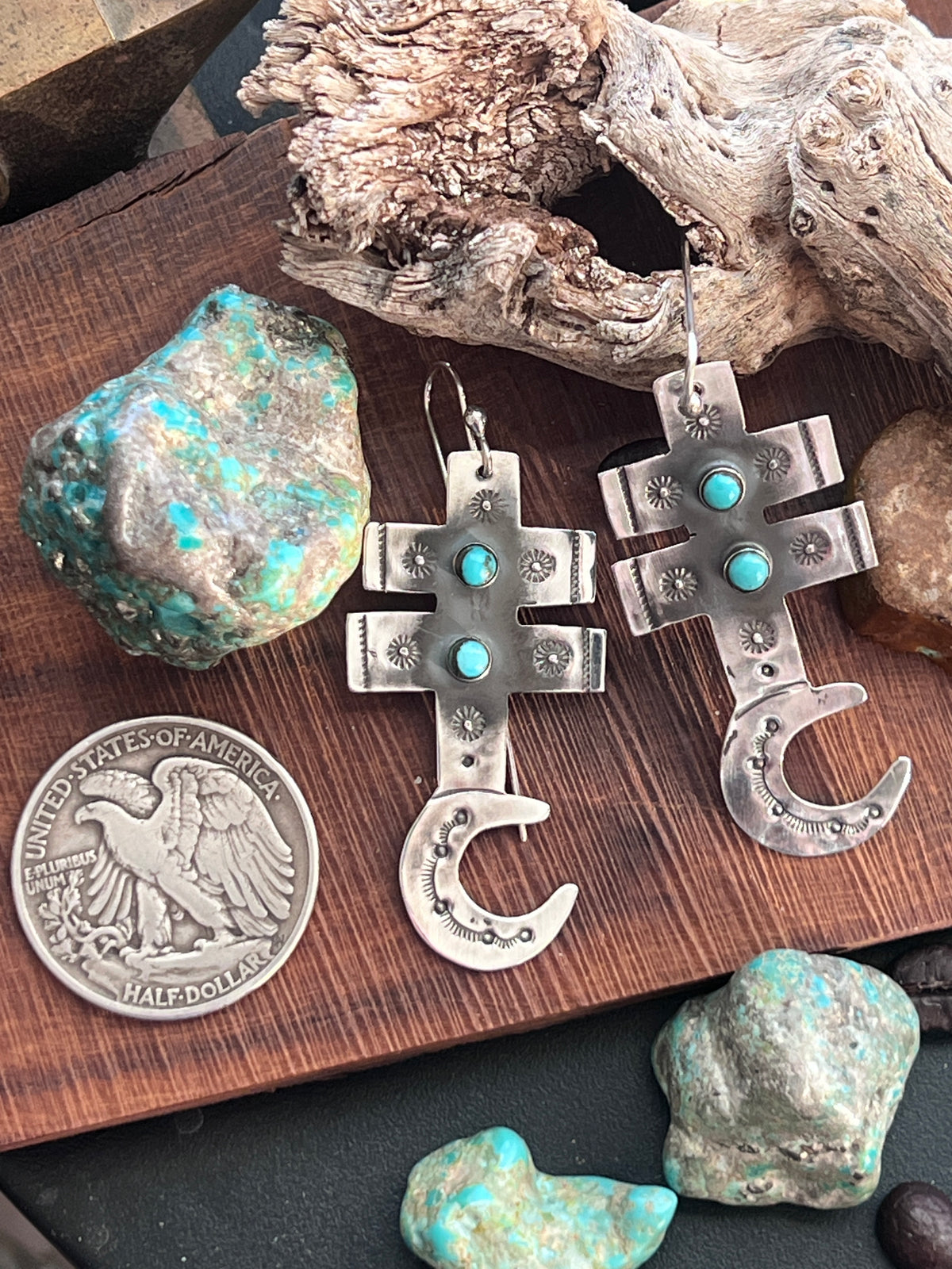Hand Stamped Sterling Silver Dragonfly Cross Crescent Moon Dangle Earrings with Kingman Turquoise by Kimari Somers, Squared Bars