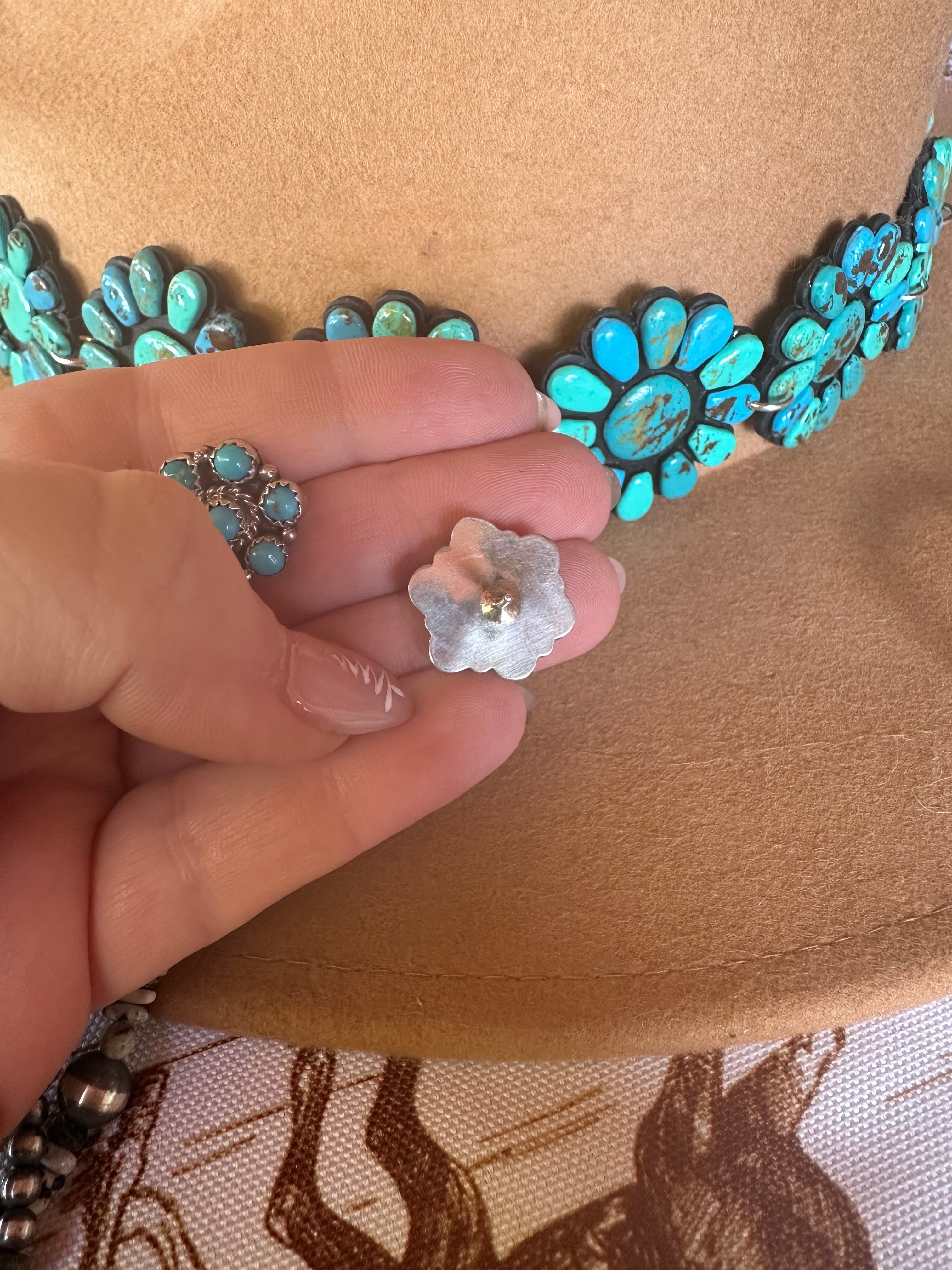 Handcrafted Turquoise And Sterling Silver 7 Stone Flower Post Earrings