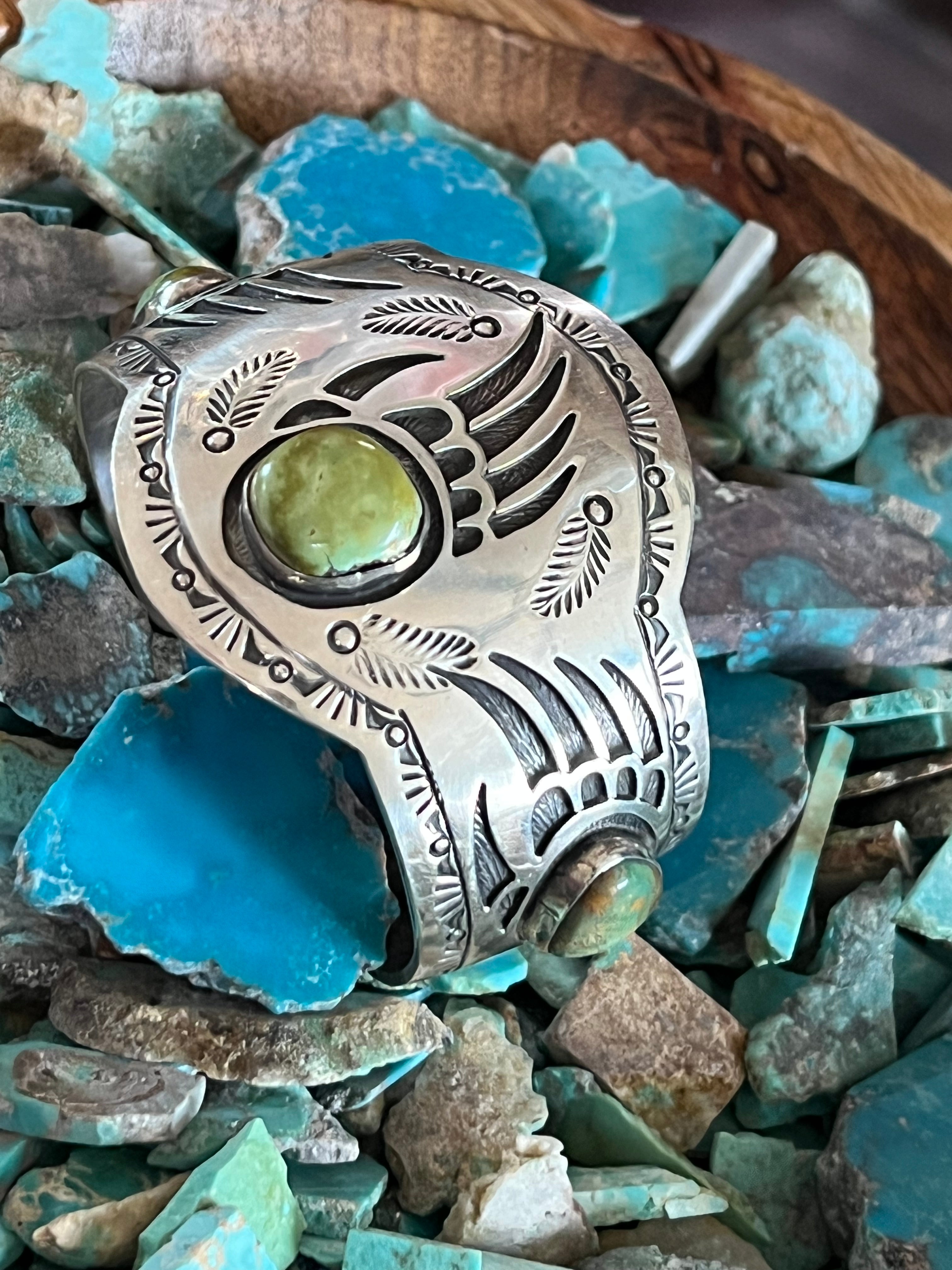 Handcrafted Old Pawn Sterling Silver and Royston Turquoise Overlay Bear Paw Cuff Bracelet by Charlie Bowie /