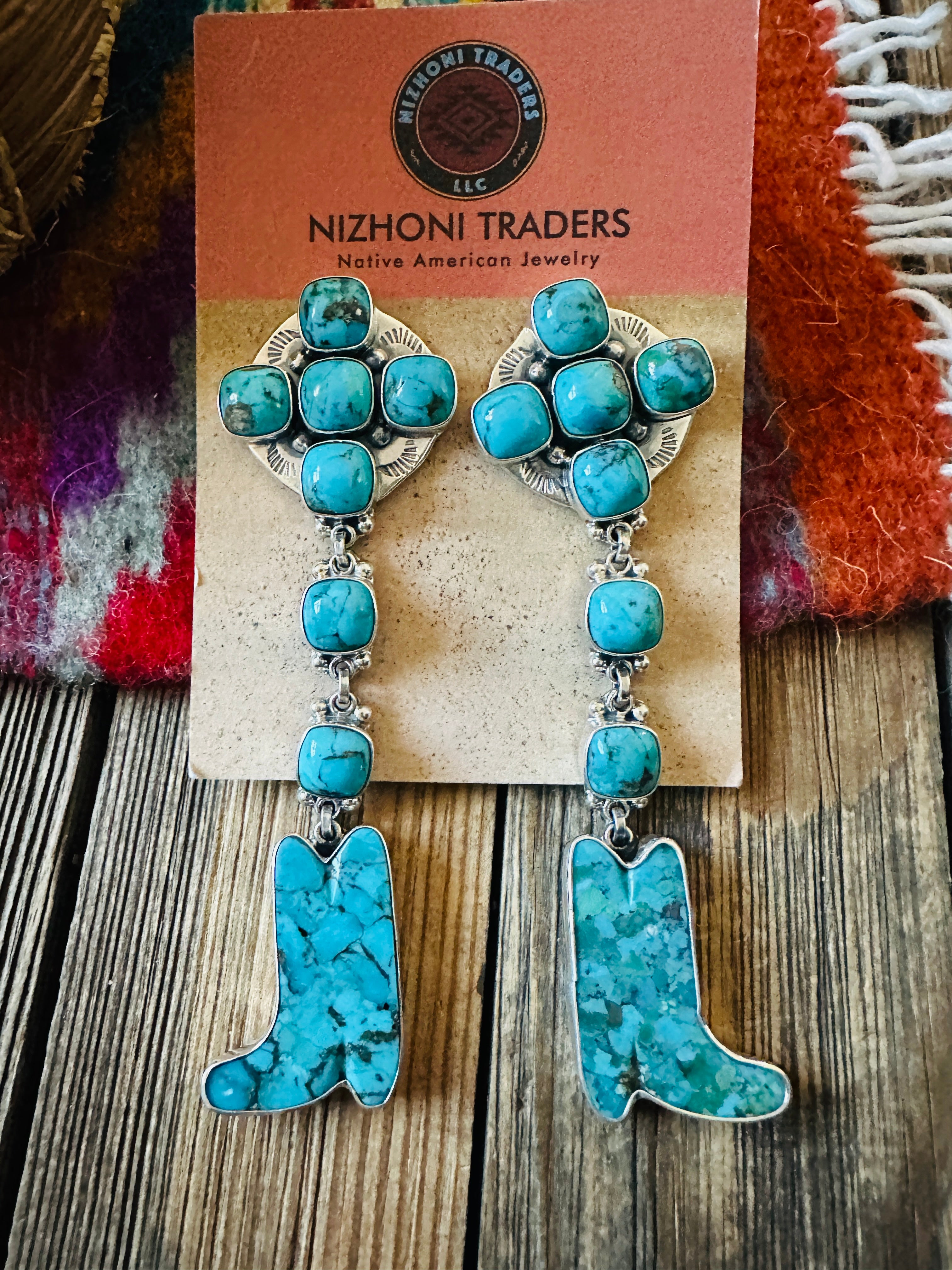 Handcrafted Turquoise & Sterling Silver Cowboy Boot Dangle Earrings by Federico Jimenez