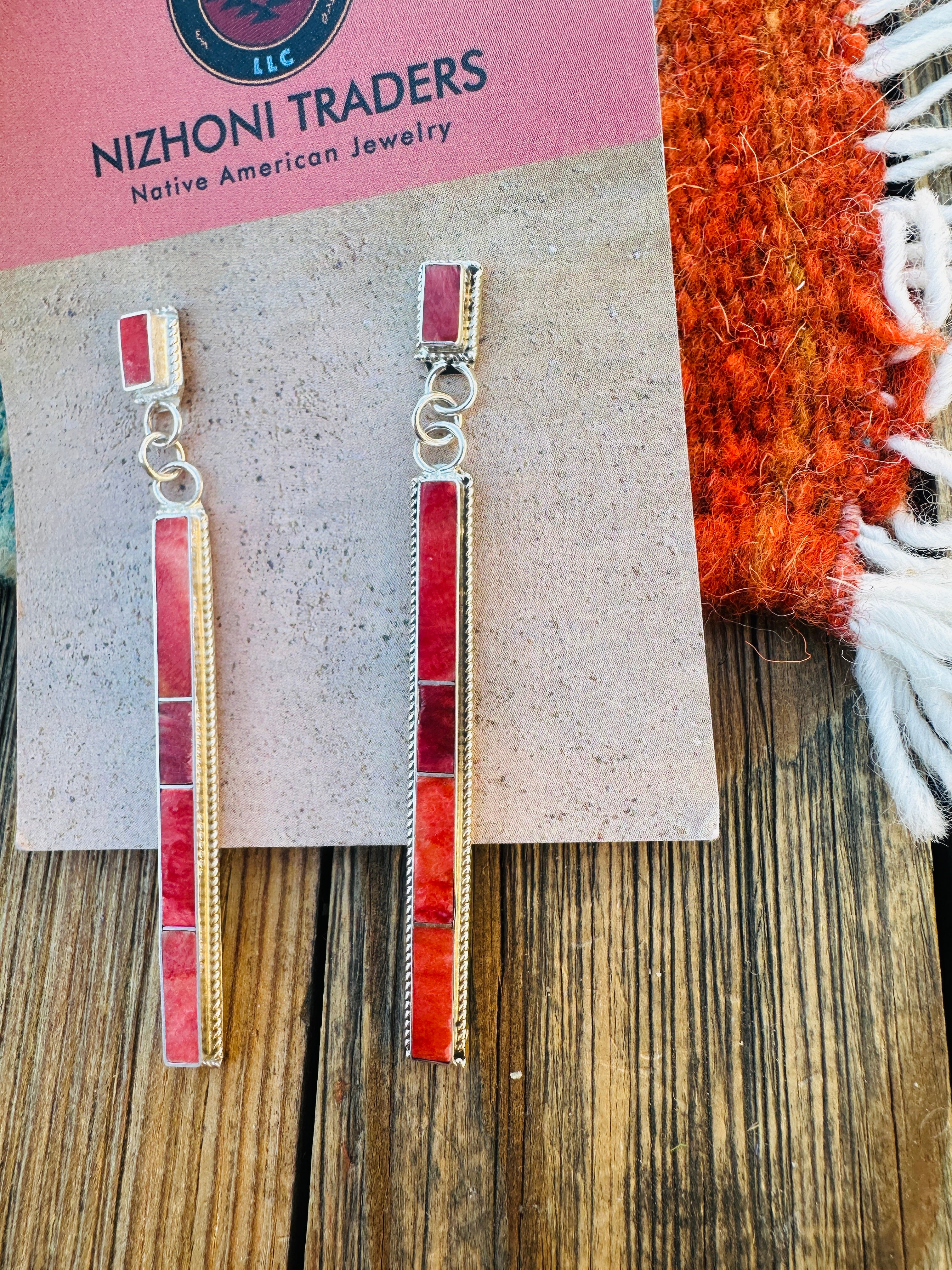 Handcrafted Spiny Oyster & Sterling Silver Inlay Dangle Earrings