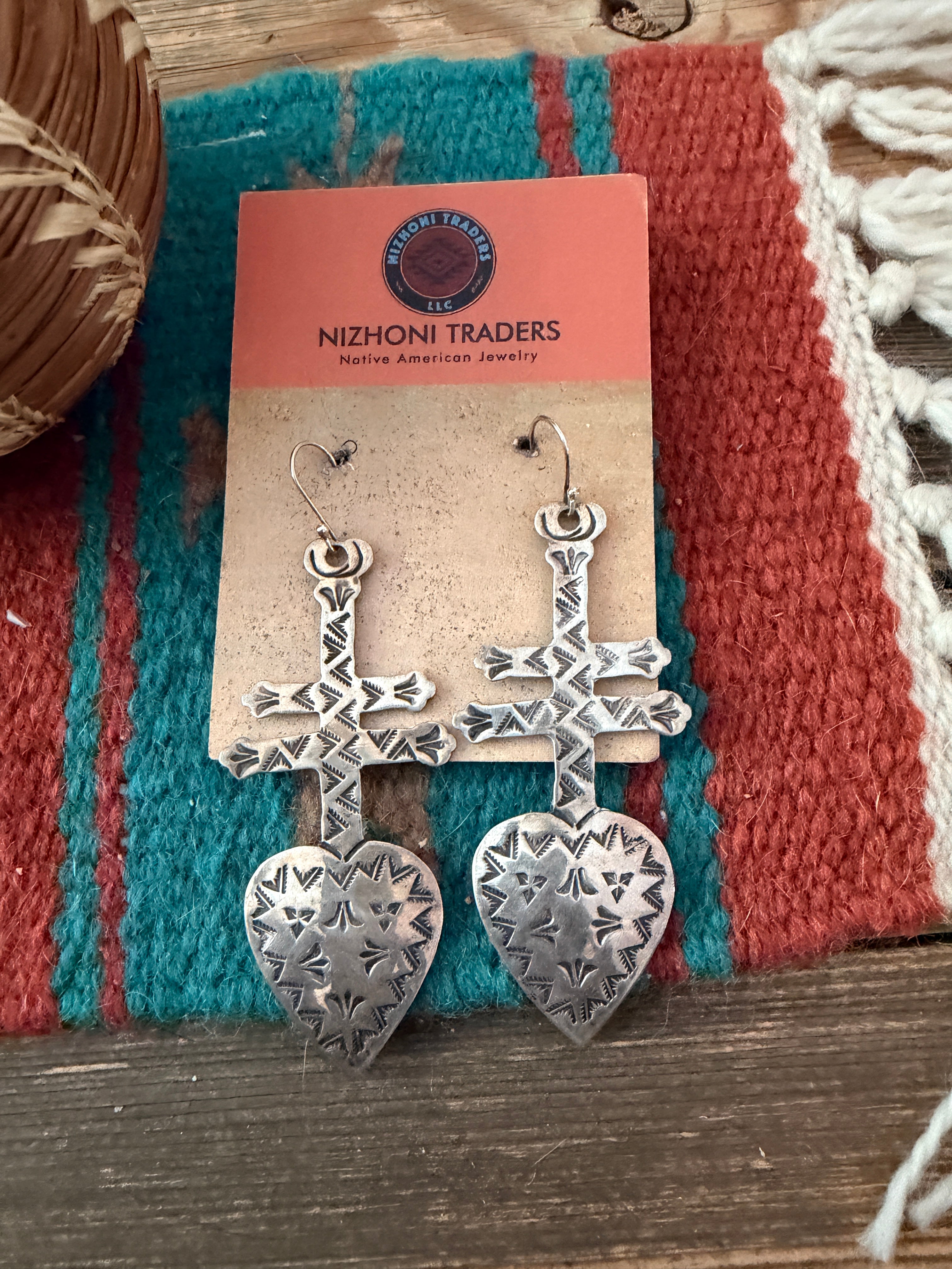 Old Pawn Handcrafted Sterling Silver Heart Cross Dangle Earrings