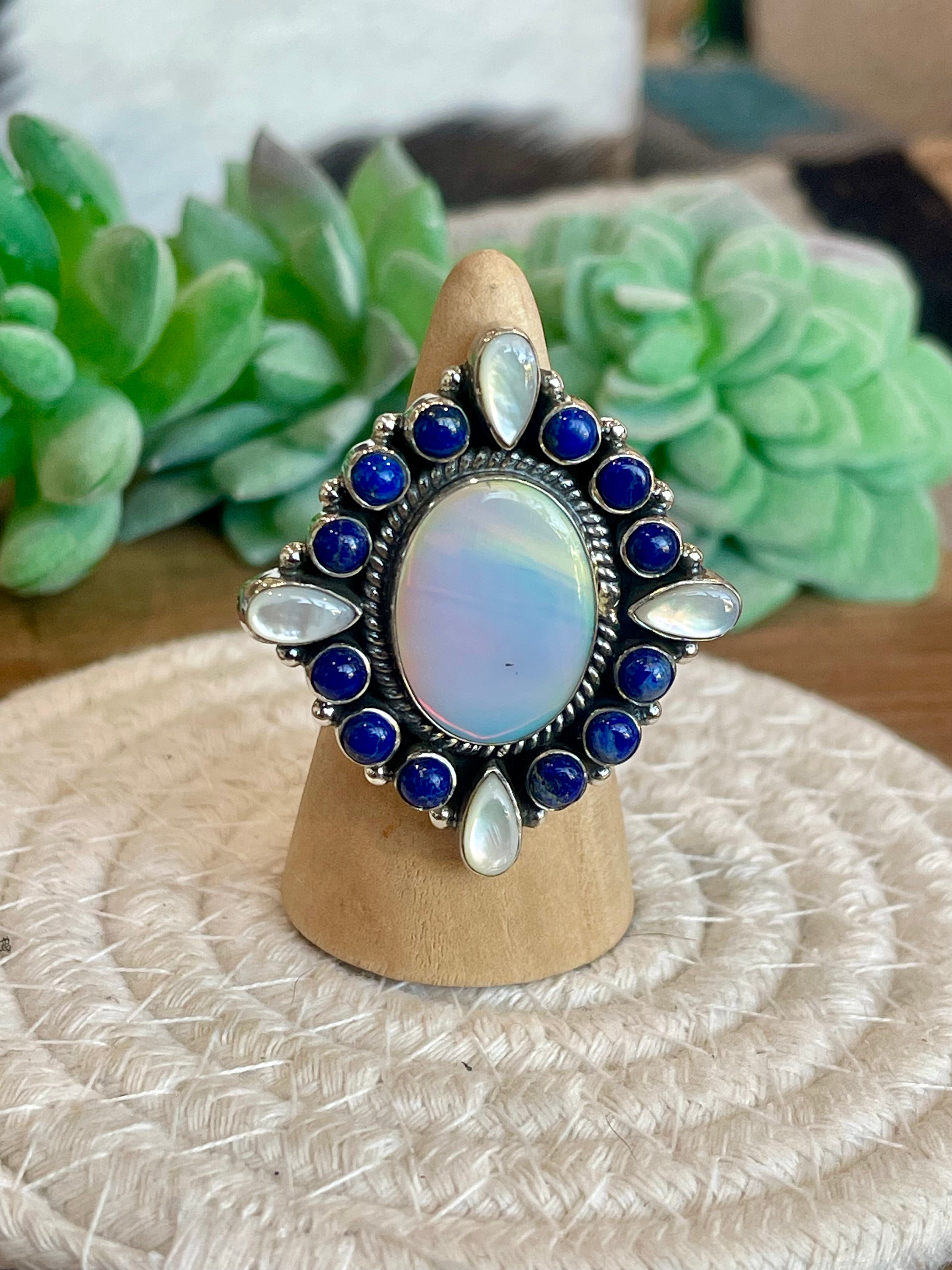 Handmade Opal, Mother Of Pearl, Lapis And Sterling Silver Adjustable Ring Signed Nizhoni