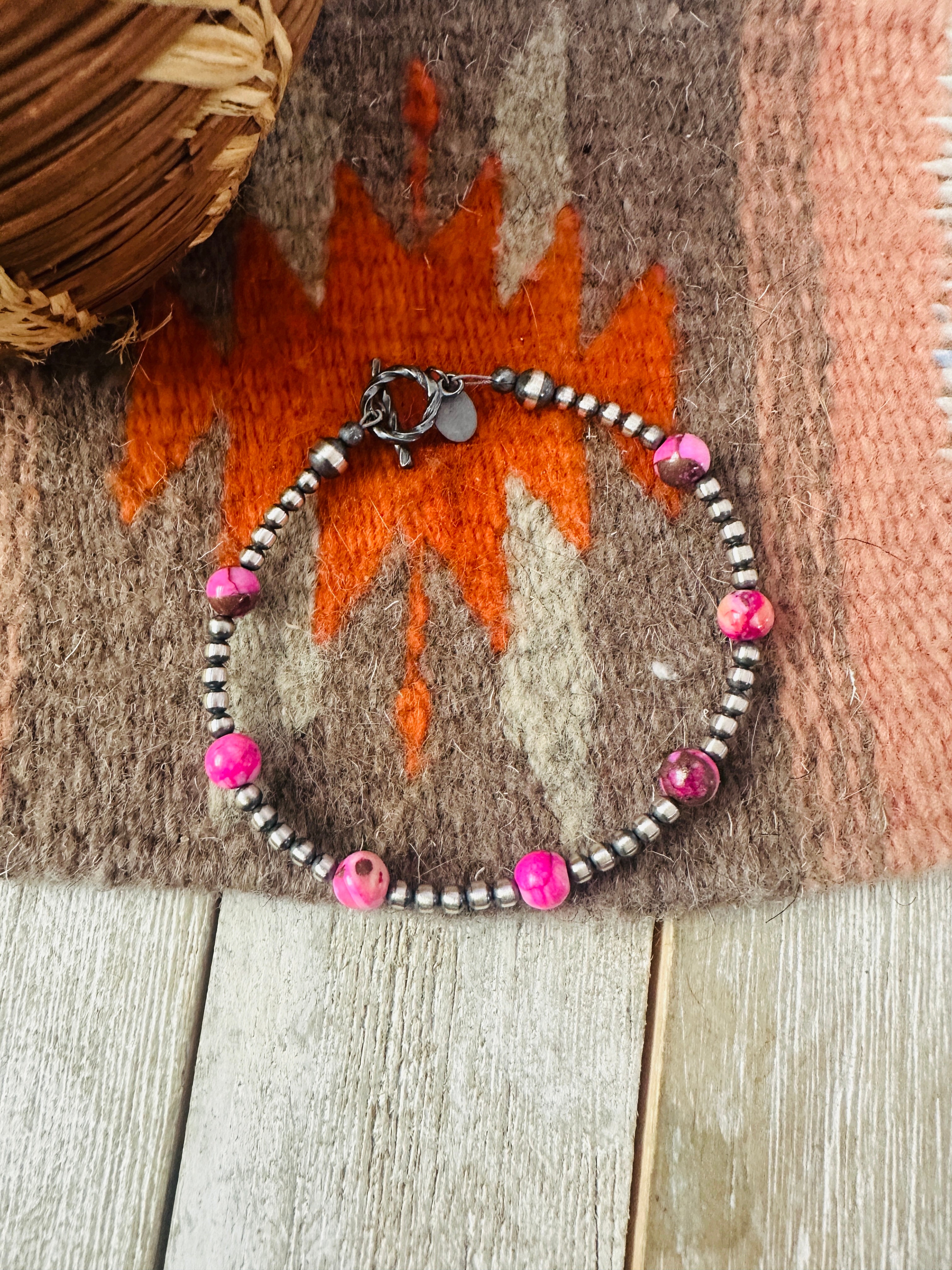 Handcrafted Pink Mojave and Sterling Silver Pearl Beaded Bracelet