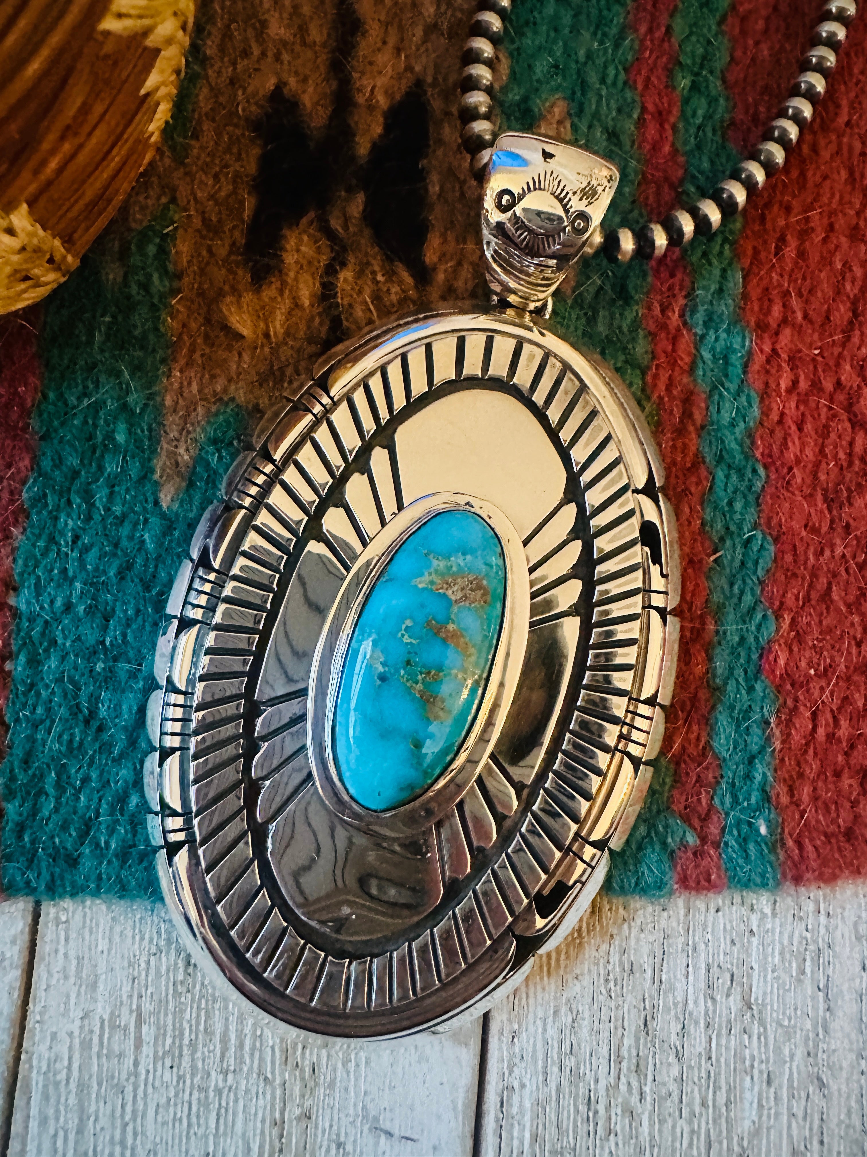 Handcrafted Sonoran Gold Turquoise & Sterling Silver Pendant, Signed LK