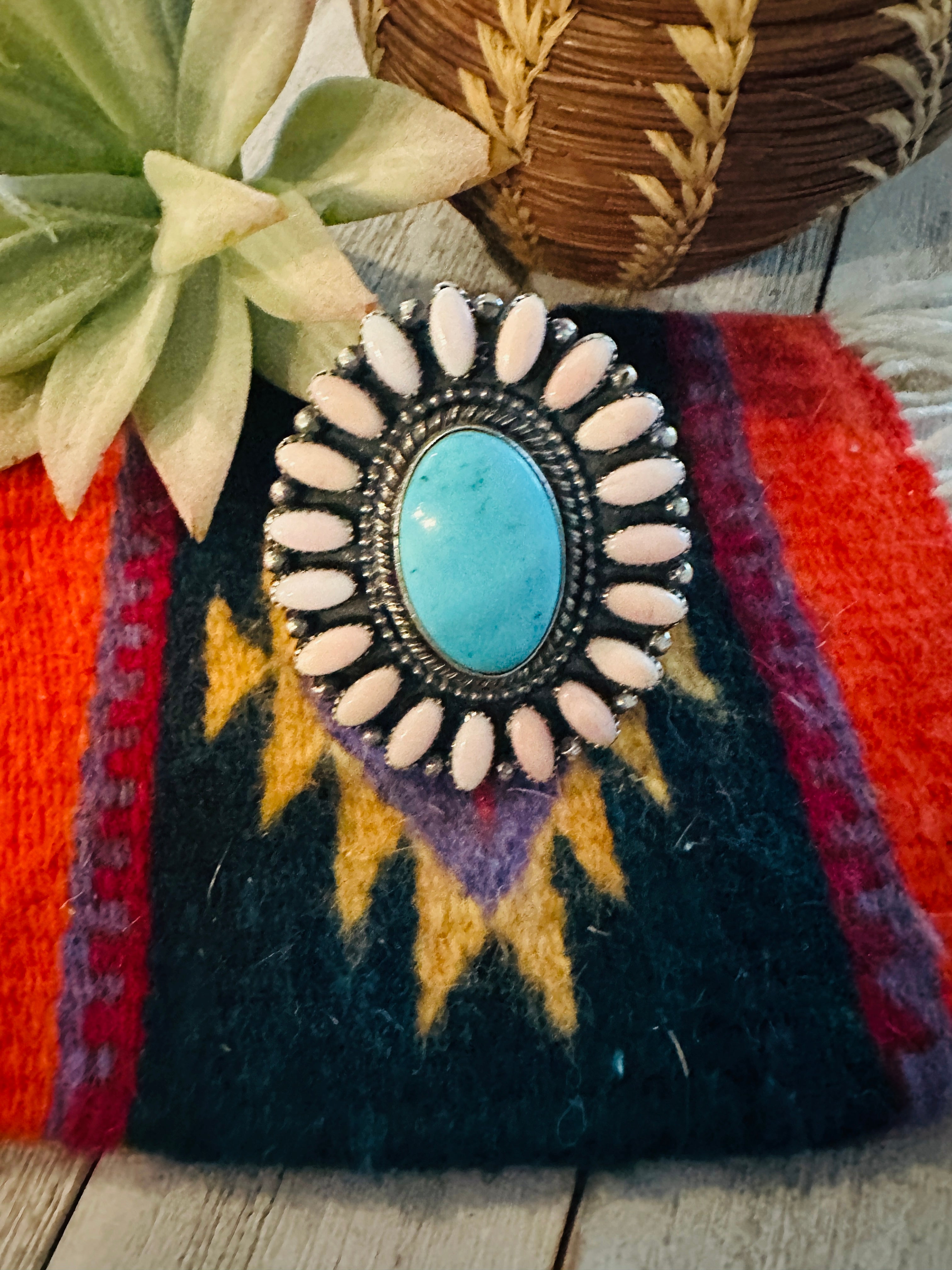 Handcrafted Sterling Silver, Queen Pink Conch & Turquoise Adjustable Cluster Ring