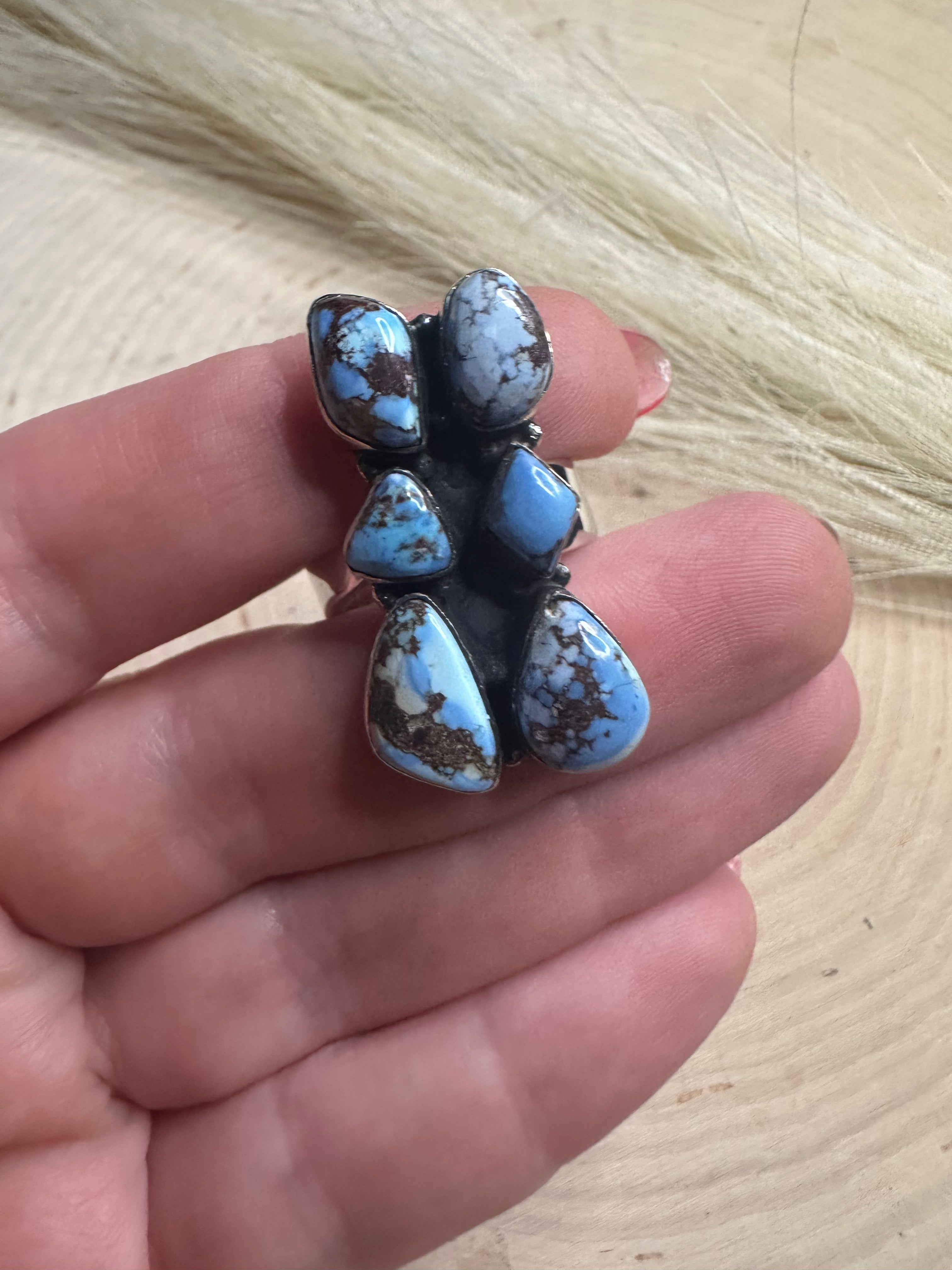 Beautiful Handmade Golden Hills Turquoise And Sterling Silver Adjustable 6 Stone Ring