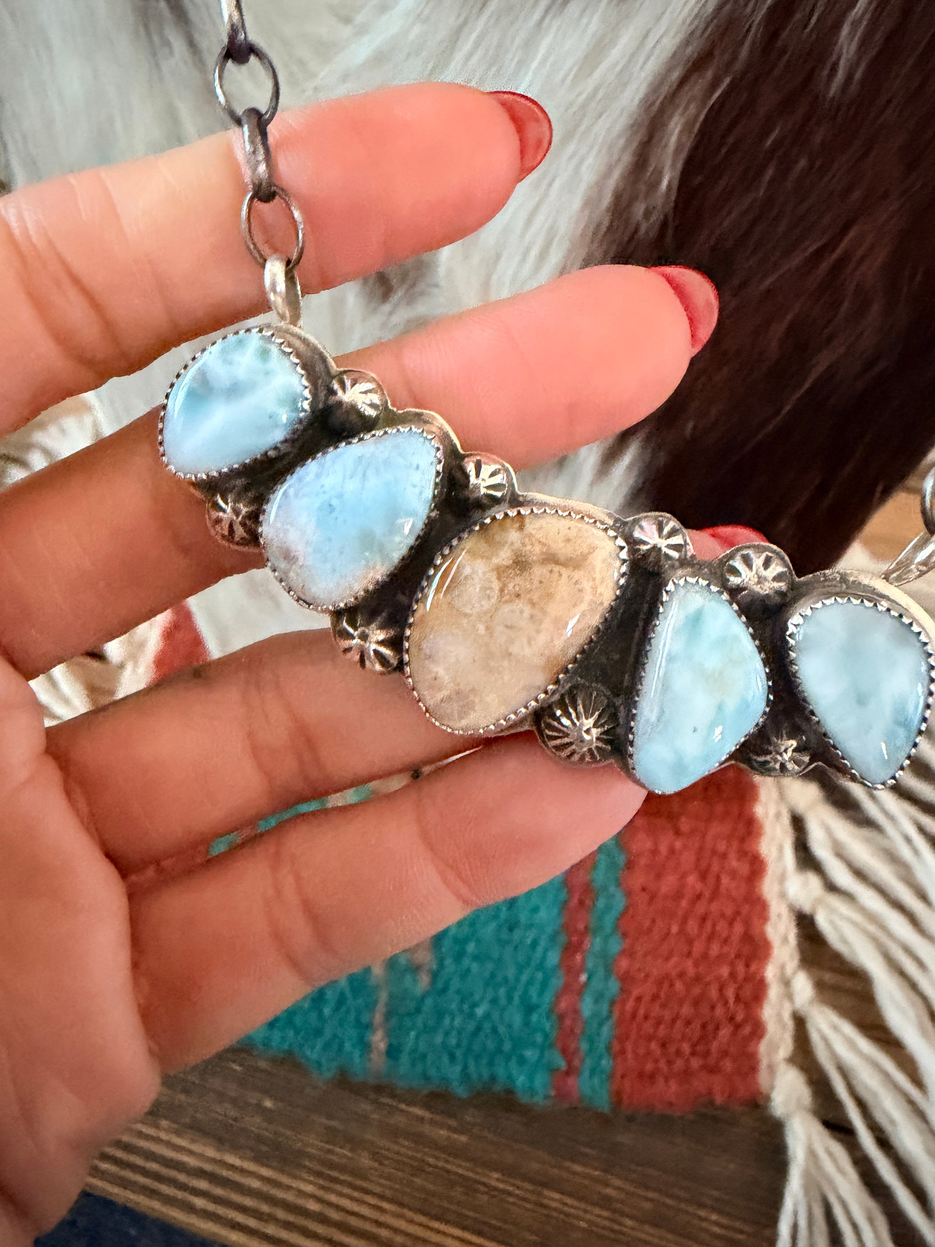 Handmade Sterling Silver, Larimar & Fossilized Coral Necklace Necklace