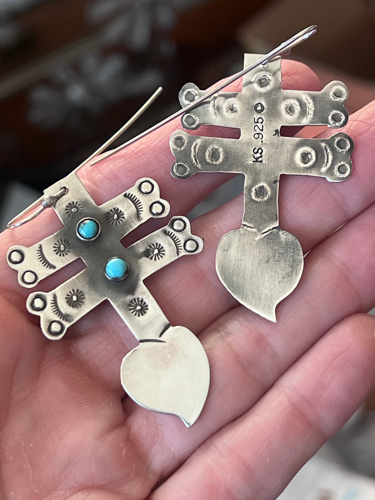 Hand Stamped Sterling Silver Dragonfly Cross Heart Dangle Earrings with Kingman Turquoise by Kimari Somers, Shaped Bars