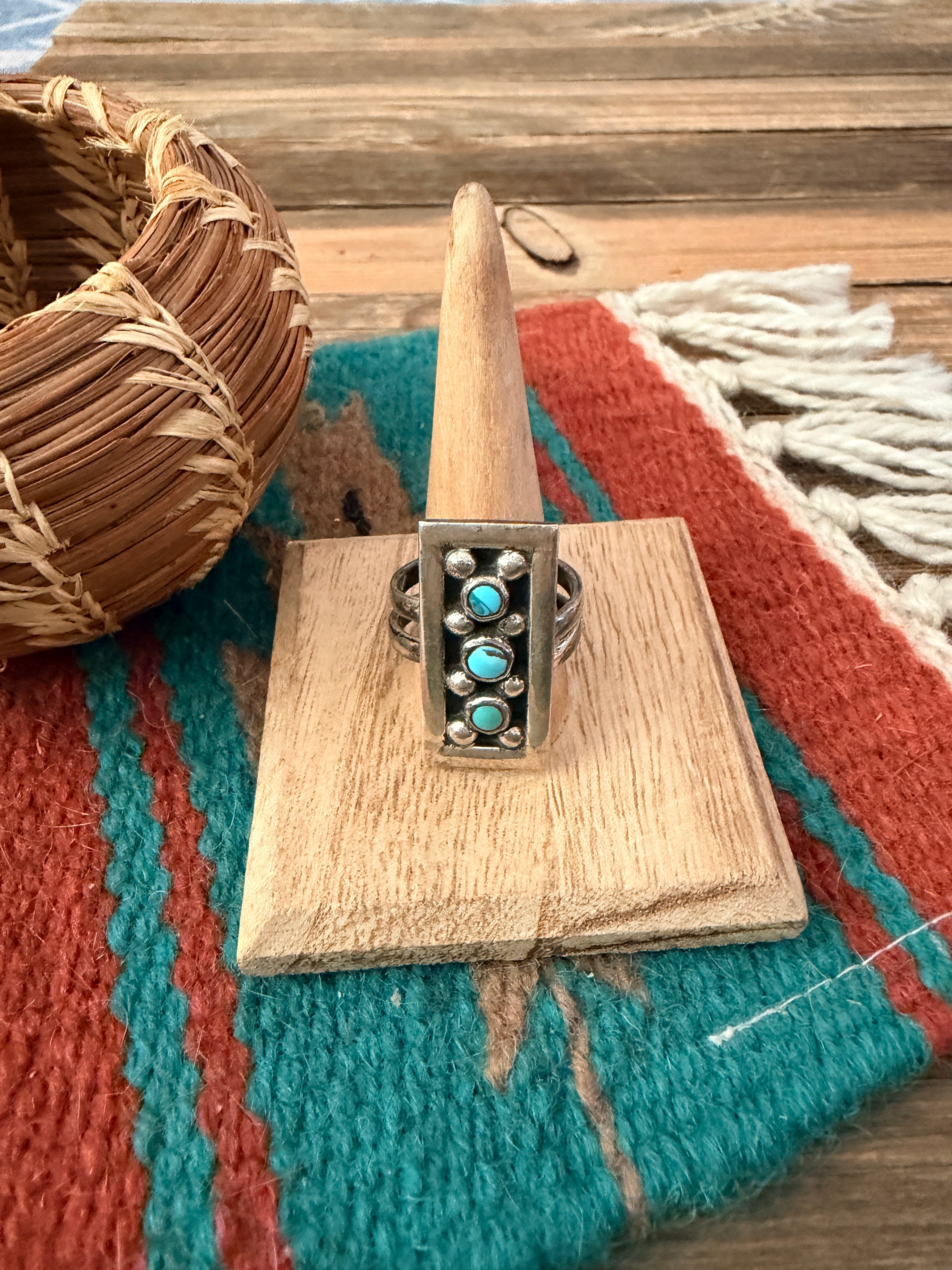 Old Pawn Handcrafted Turquoise & Sterling Silver Adjustable Ring