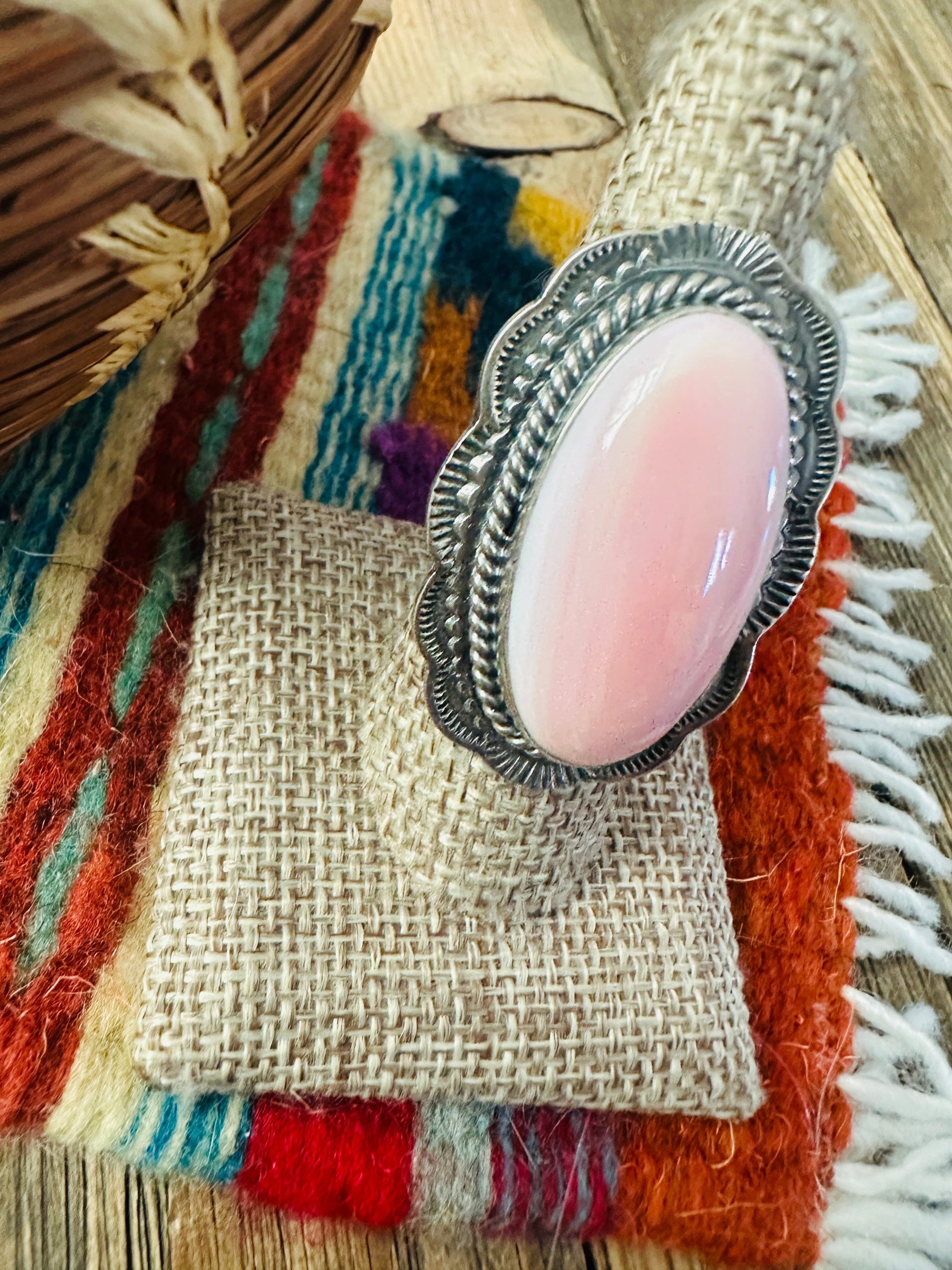 Handcrafted Queen Pink Conch & Sterling Silver Ring Size 8